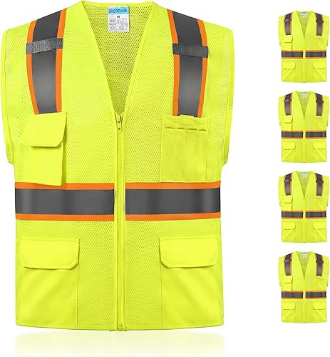 SHORFUNE - Paquete de 5 chalecos de seguridad de alta visibilidad con 10 bolsillos, pestañas para micrófono, cremallera y tiras reflectantes,