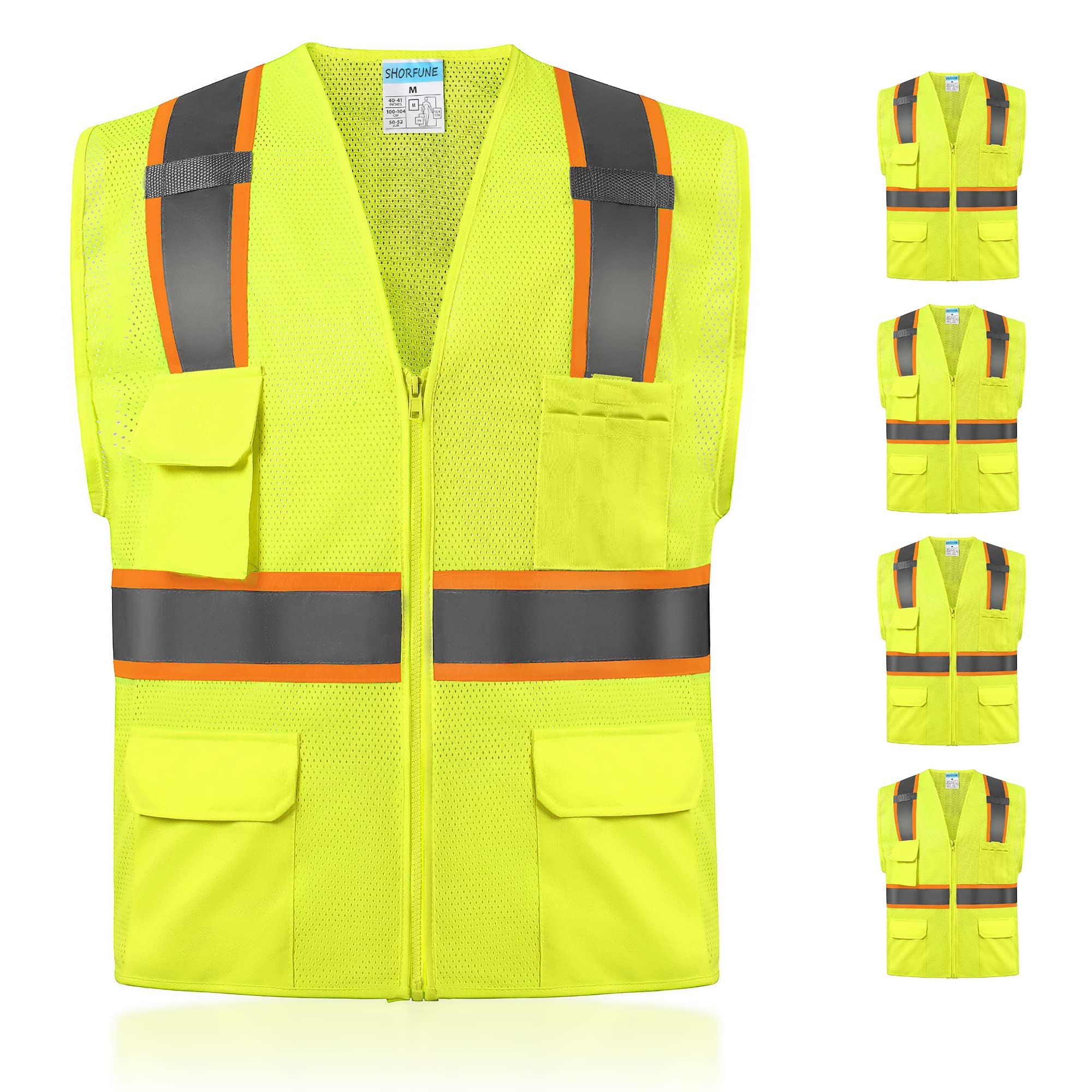 SHORFUNE High Visibility Mesh Safety Vest with Pockets, Mic Tabs, Zipper and Reflective Strips,ANSI/ISEA Standards