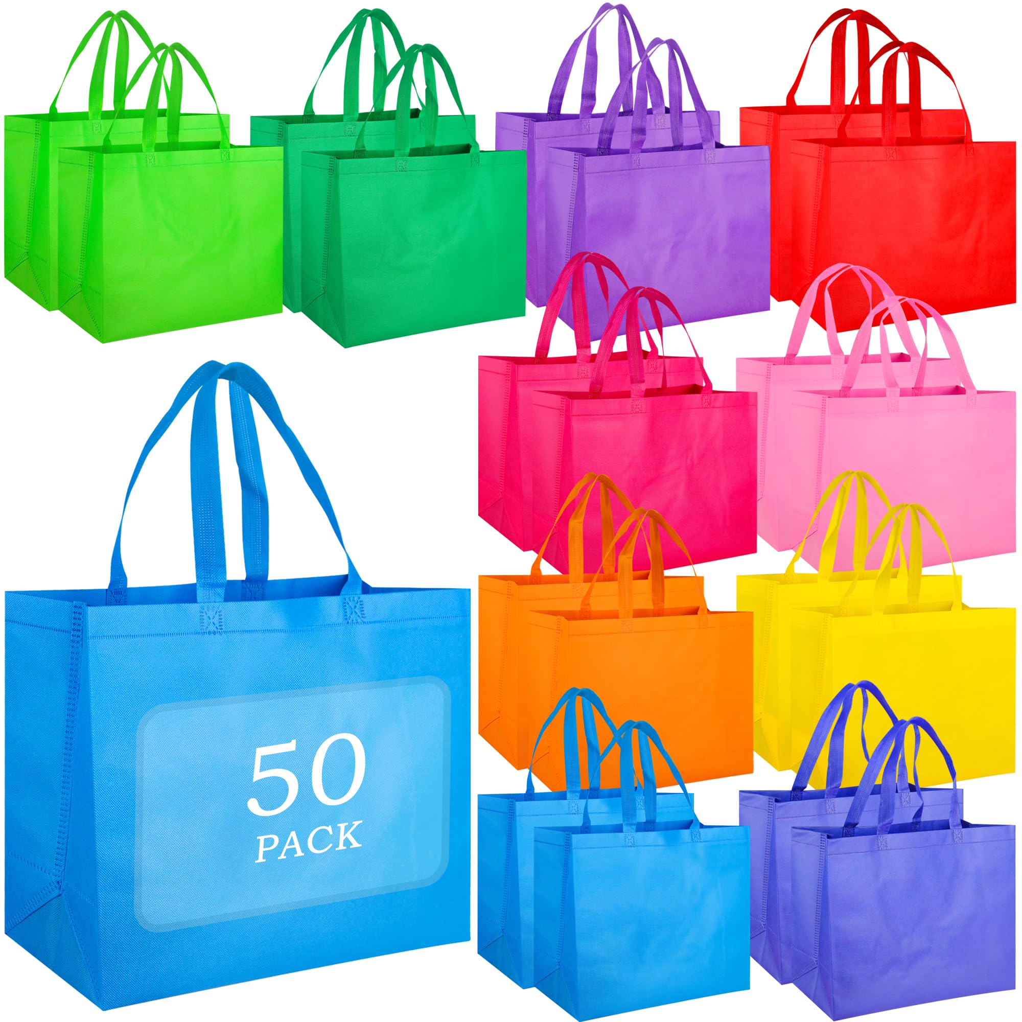 BLEWINDZ 50 Pcs Large Gift Bags with Handles Bulk - 16 x 6 x 12 Inch Reusable Grocery Shopping Bags - Non-Woven Tote Grocery Bag, Party Favor Bag (10