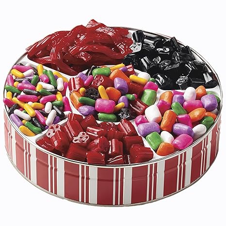 The Swiss Colony Licorice Tin – Assorted Red Twists, Black Licorice Bites, Hollows, Bits, and Confetti Candy Gift Tin, Holiday Candy Gift Treat, 1 lb. 11 oz.