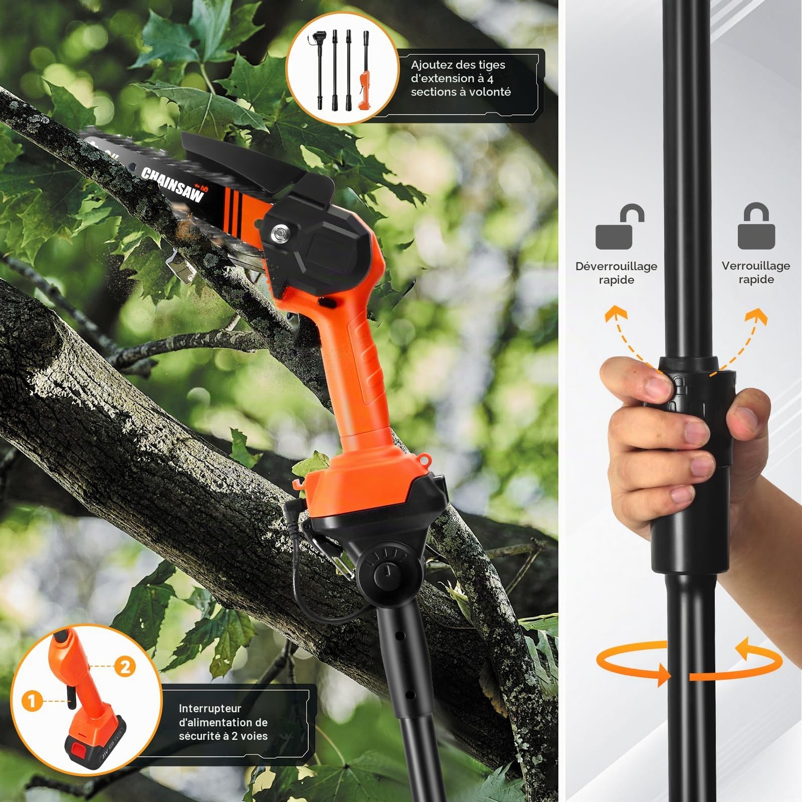 Tronçonneuse et Élagueuse Télescopique 2-en-1 pour Makita 18V, Avec 2 Batteries 1,5 Ah, Chargeur, Chaînes 6+8 Pouces, Perche Télescopique de 2,3 m, Scie Électrique à Branches pour Arbustes