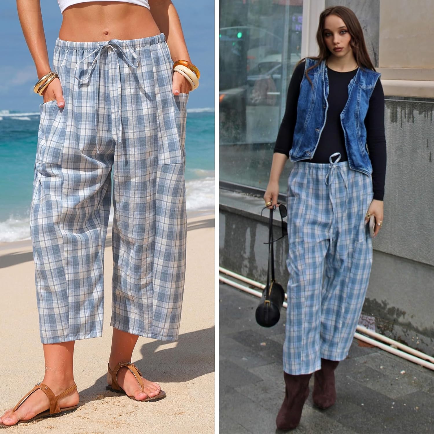 EXLURA Womens Cotton Faux Linen Gingham Barrel Capri Pants Plaid Palazzo Trousers Harem Pants Pockets Summer Beach Vacation - Image 2