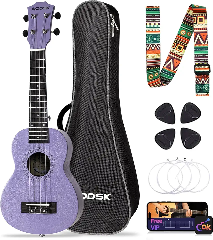 AODSK Ukulele Soprano para iniciantes Kit Ukelele de 53 cm com Gig Bag StrapTuner Strings Picks Cloth Holiday Gift (violeta, concerto)