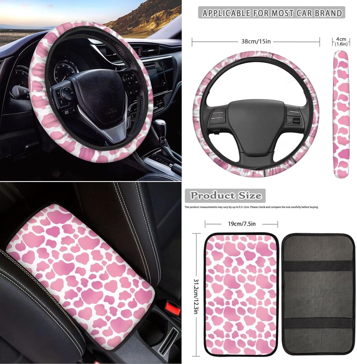 Pink Cow Print Car Seat Cover Set 18Pack 3D Print Headrest Protector Universal Steering Wheel Cover Seat Belt Pads Center Console Cushion Car Cup Holder Coaster and Keychain
