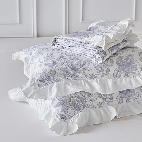 Miniatura 7 de SUSYBAO Funda de edredón floral azul tamaño King, 100% algodón, funda de edredón con volantes blancos, juego de 3 piezas, 1 funda de edredón vintage