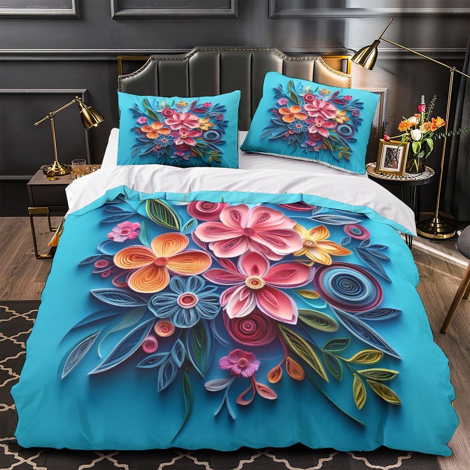 Housse de Couette Microfibre 3D Composition Florale avec 2 Taies d'Oreiller