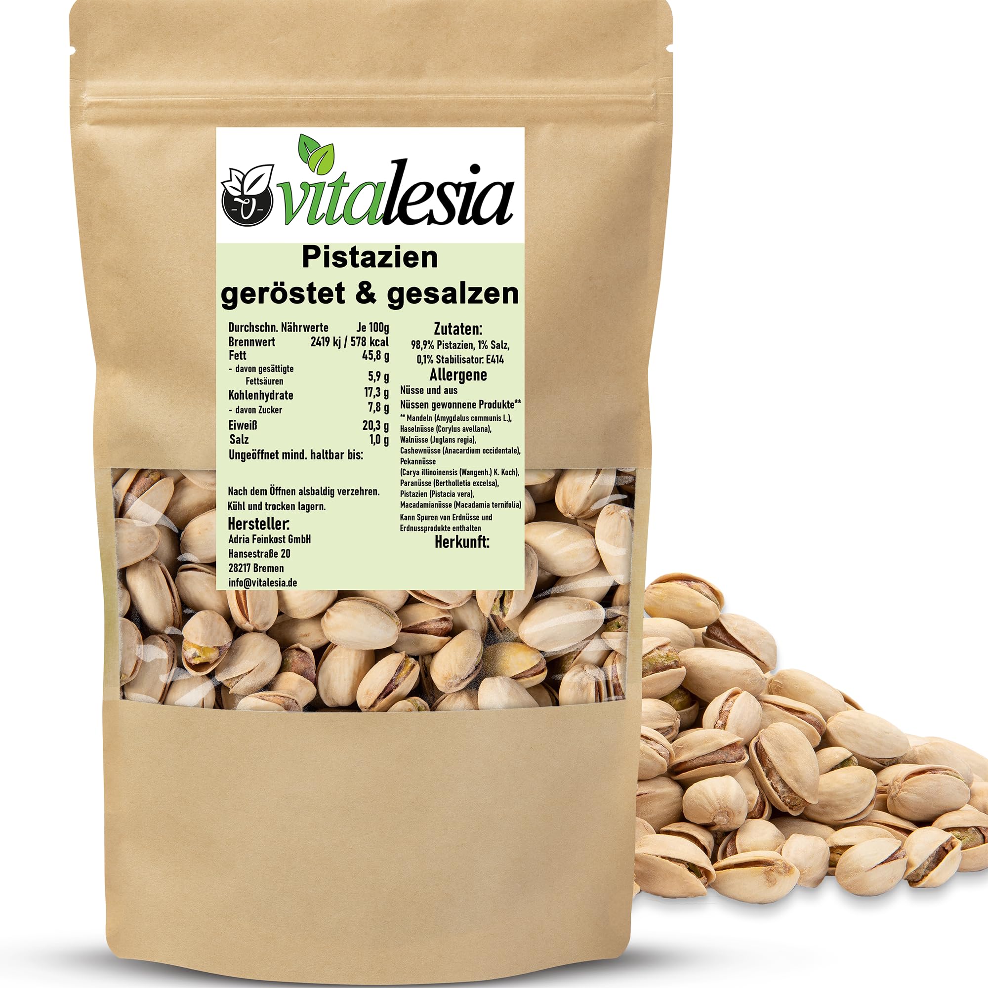 Vitalesia Pistazien 2500g | geröstet & gesalzen | Kalifornische Pistazienkerne mit Schale | Frischebeutel wiederverschließbar | ohne Zusätze | Premium-Qualität | vegan