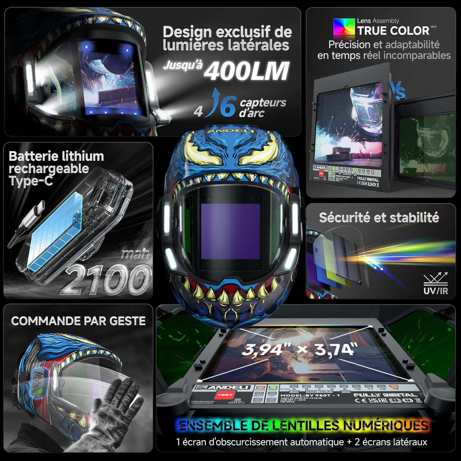 ANDELI Casque Soudure Automatique Vue Panoramique 180°丨4 LED Pro True Color