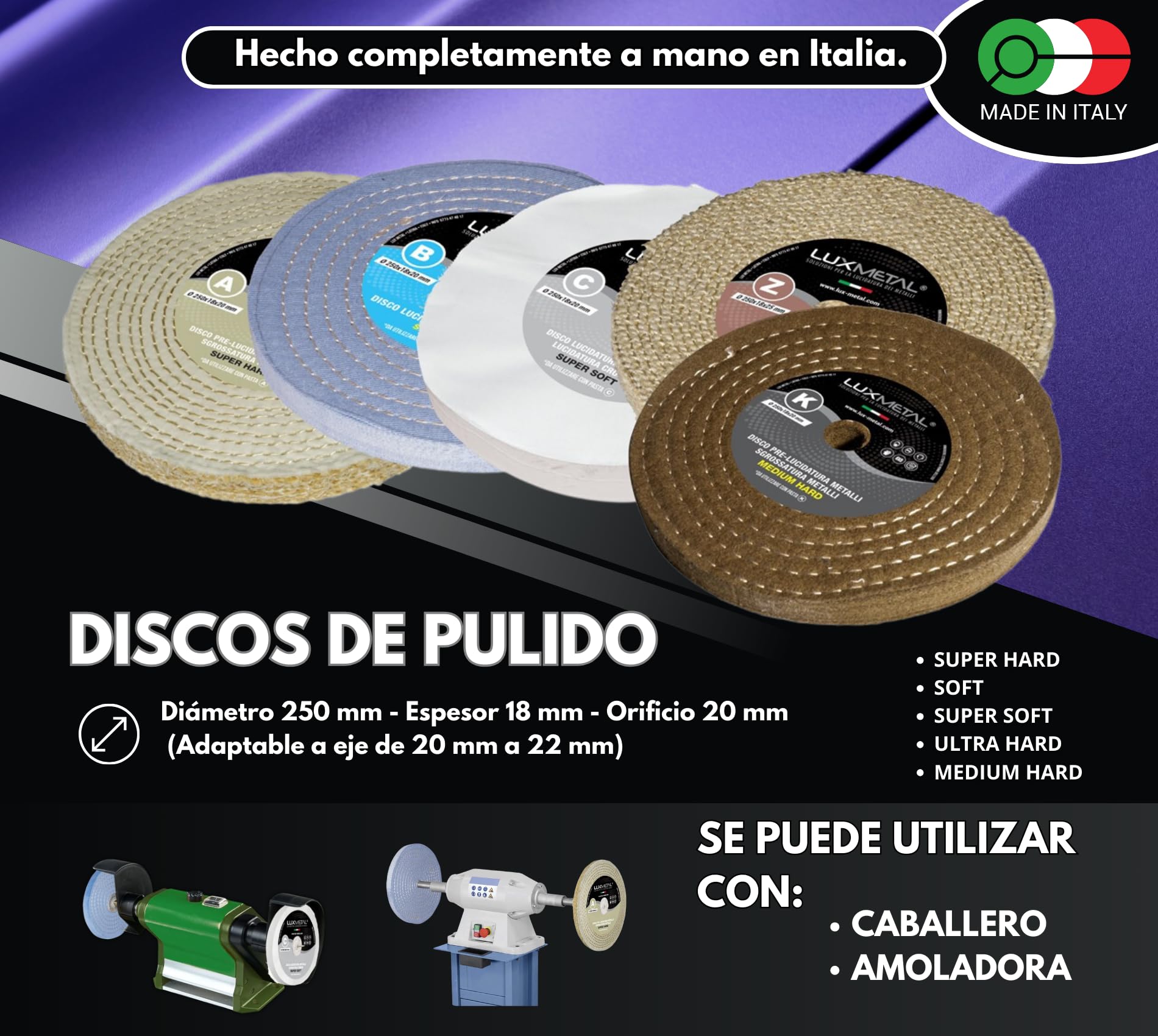 Lux Metal - Kit de 5 Discos Pulidos de 250 mm y 5 Pastas Abrasivas Pulidoras de 700 gr - Para Aluminio, Hierro, Acero Inoxidable, Bronce, Mármol - Rueda de Pulido de Metales, Muela de Amolar, Fieltro.