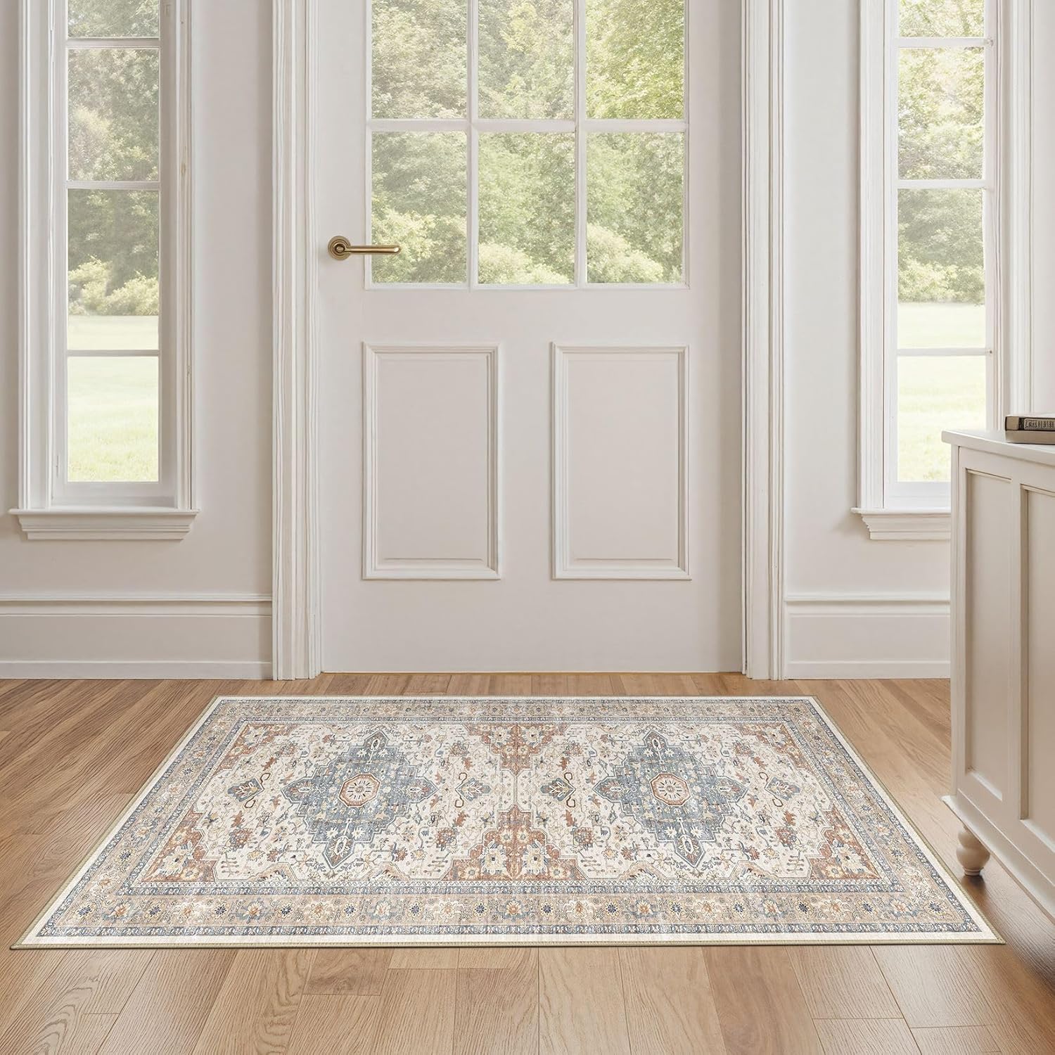 2x4 Rug Washable Runner Rug: Small Vintage Neutral Non-Slip Soft Accent Doormat Stain Resistant Floor Throw Mat for Entryway Kitchen Bedroom Nursery Entry Dorm- Beige Blue