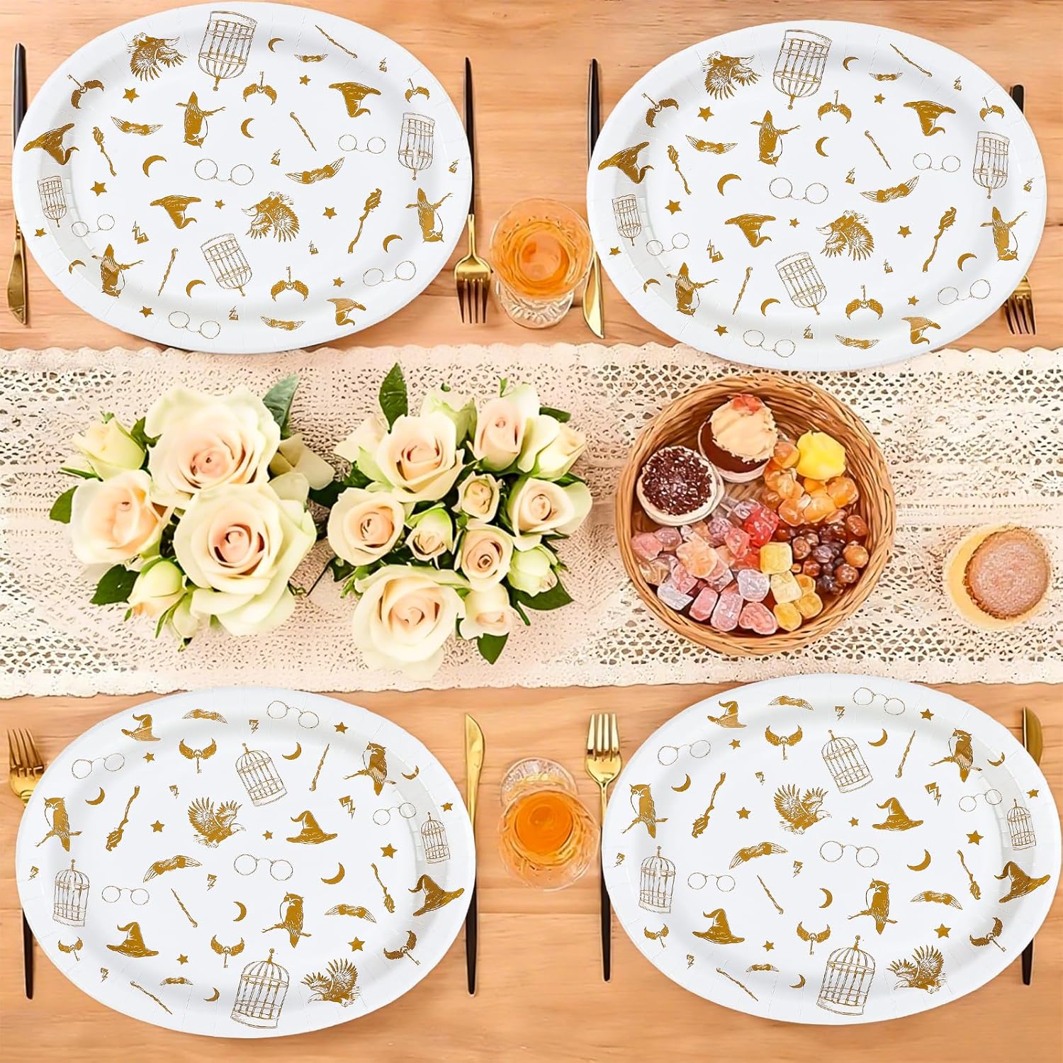 50Pcs Magical Oval Paper Plates 10" x 12" Large Disposable Heavy Duty Golden Wizard Theme Paper Platters Fantasy Magic Dessert Plates for Boy Girl Magical Wizard Themed Birthday Party Supplies