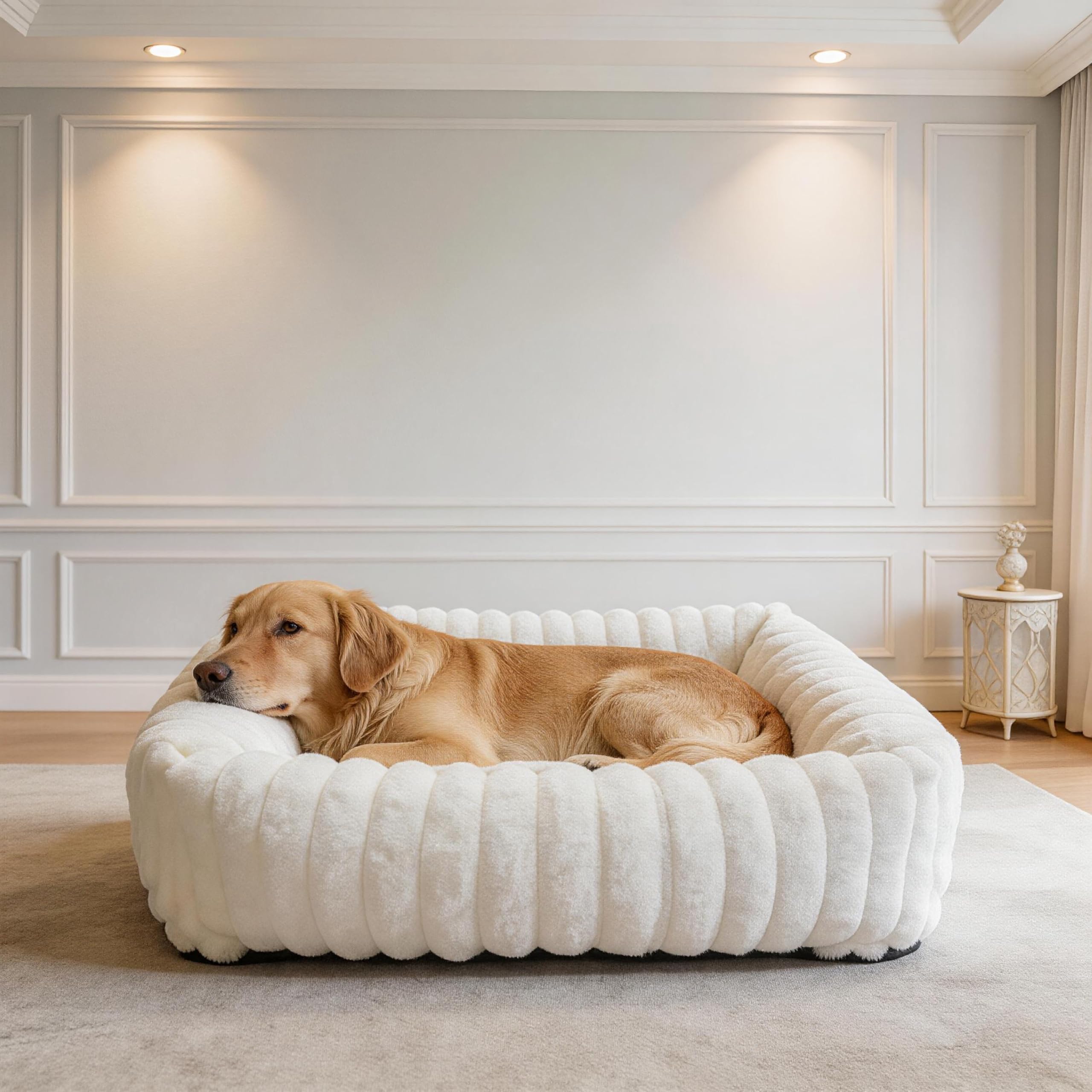 M Panier Chien Rectangulaire Texture Ondulée Crème – Lit pour Chien Moelleux Pelucheux Rempli de Coton, Bords Surélevés, Housse Déhoussable Lavable, Antidérapant, pour Petits et Moyens Chiens
