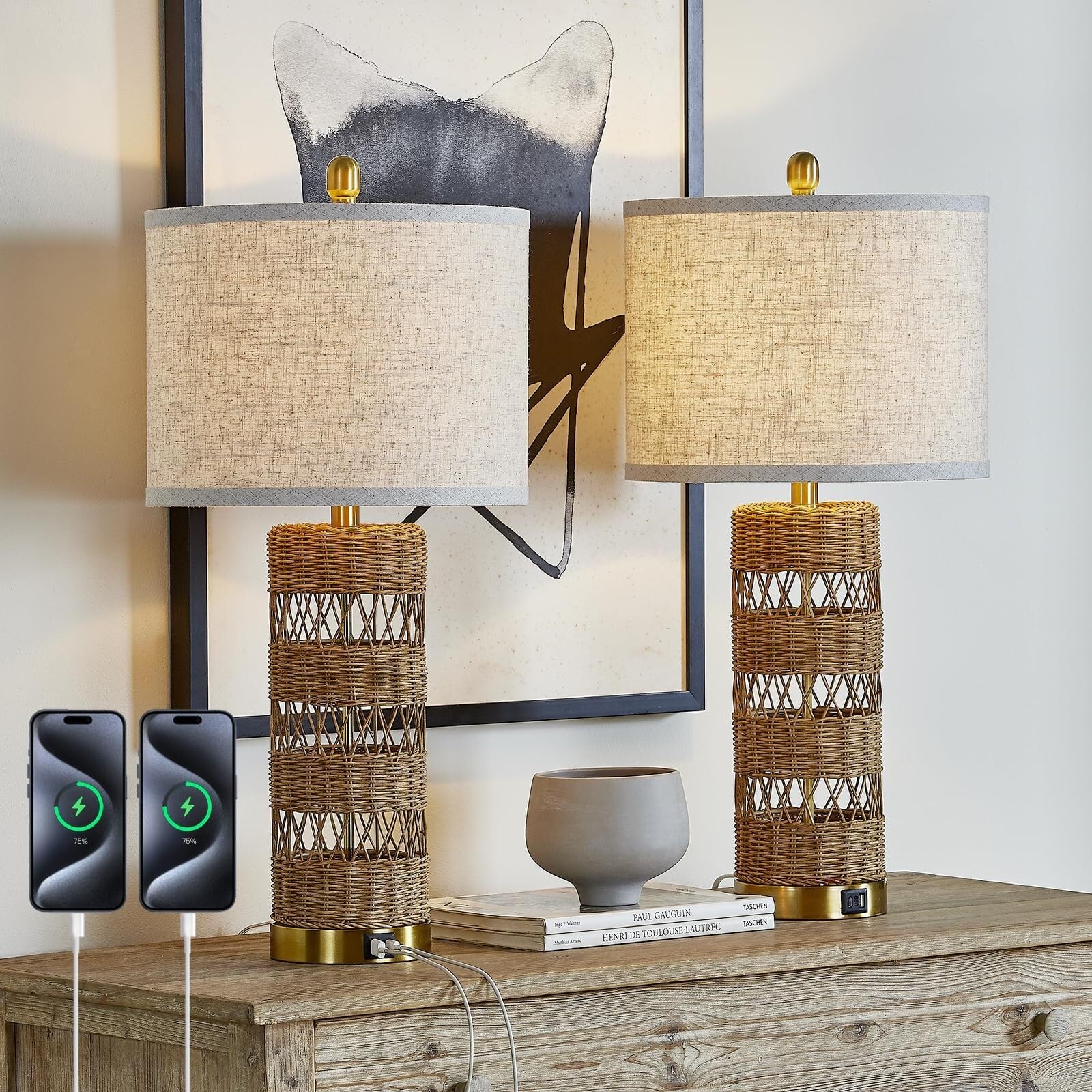 CCXXYGWJ 2-pak 28-calowego stolika USB z rattanu w stylu boho, lniany abażur, sypialnia, lampka nocna do czytania, w zestawie Nadaje się do salonu, sypialni, biura,