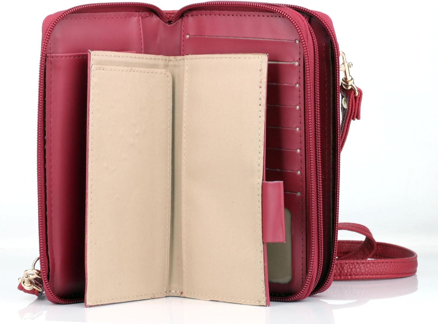 Julia Buxton RFID Blocking Wallet on a String for Women - Compact Crossbody Bag with Removable Wristlet Strap, 15 Card Slots & Multiple Zip Pockets, Red - Image 6