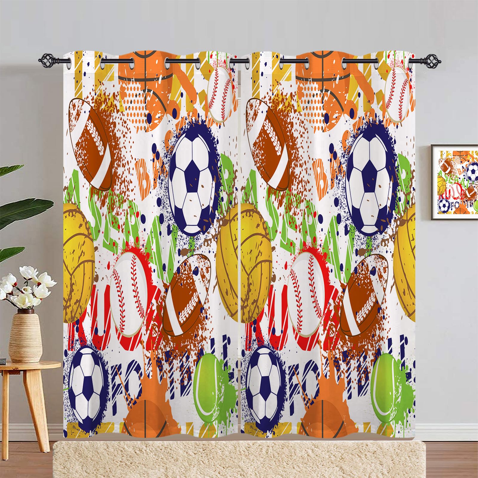 ANHOPE Sports Curtains Eyelet Ring Top Soft Thermal Insulated Blackout Curtains Basketball Football Baseball Print Pattern Decorative Window Drapes for Bedroom Living Room 46 x 84 Drop Inch 2 Panels โ image 1