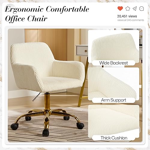 Miniatura 4 de Homedraft Silla de escritorio giratoria de piel sintética de 360, moderno sillón de oficina en casa ajustable con base dorada para adolescentes,