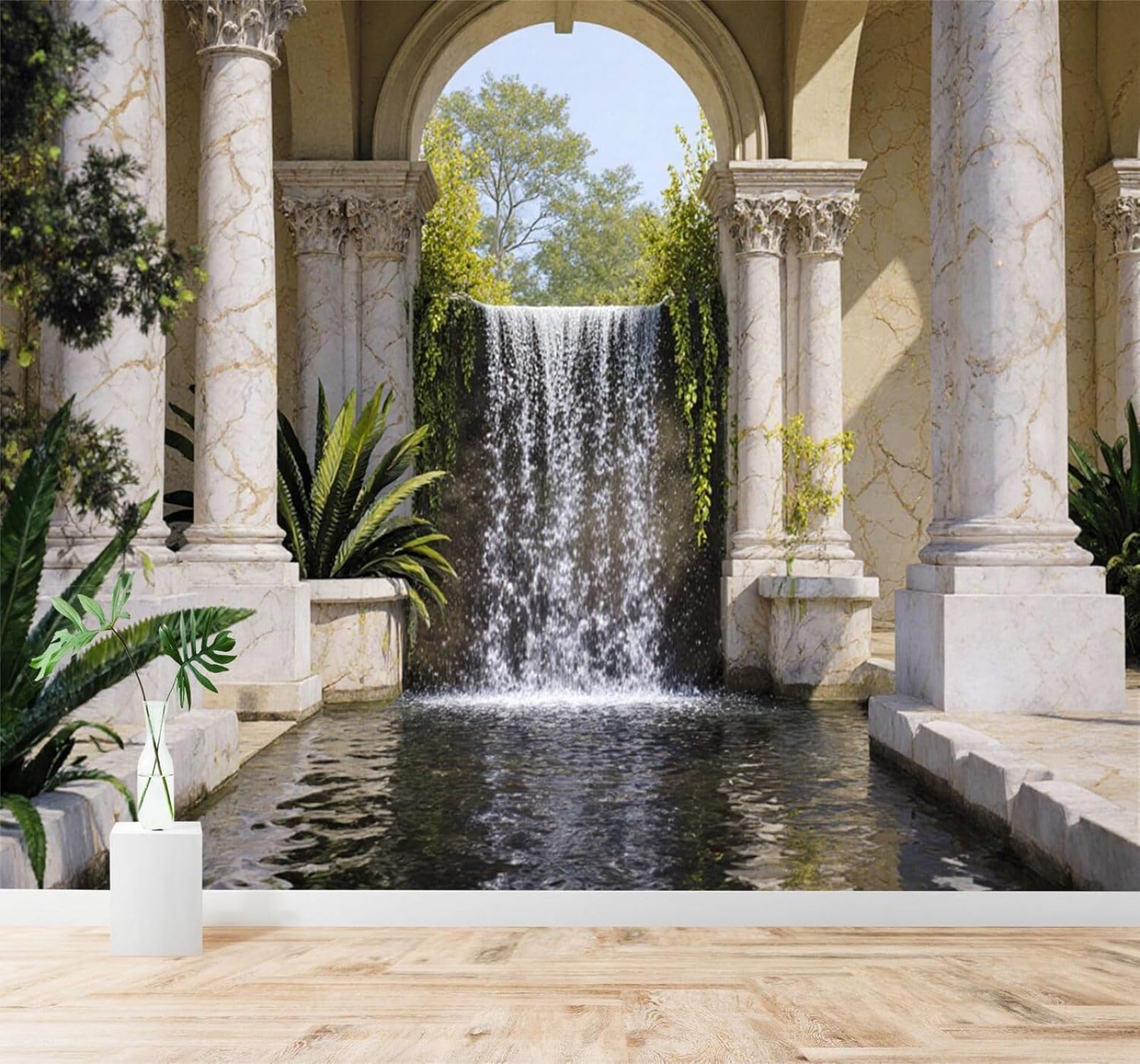 XLMING Arched Architecture Waterfall Lush Greenery Marble Columns 3D Wallpaper Premium Textured Silk Study Dining Living Room Bedroom Sofa TV Wall Easy Install-250cm×170cm