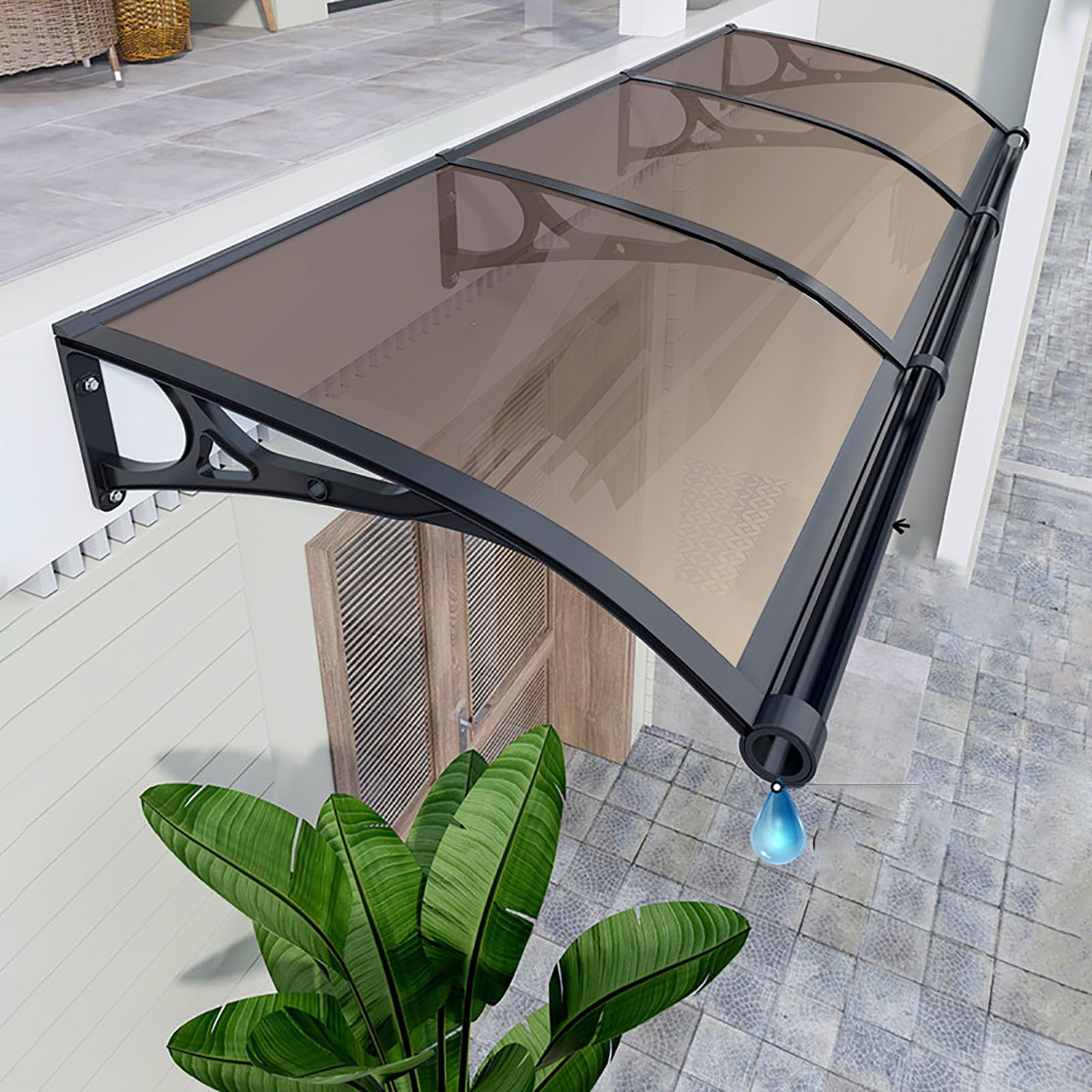 WBJGUOD Door Awnings Exterior, Roofing Canopies, Polycarbonate Cover Awnings, Home Rain Shelter, Canopy Window Awning with Large Sink, UV, and Snow Protection-Brown-100x200cm/39x79in