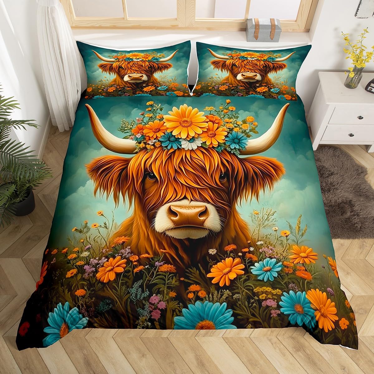 Homemissing Highland Cow Duvet Cover Set King Size For Kids Boys Girls Teens Farmhouse Animal Decor Bedding Set Highland Cattle Comforter Cover with 2 Pillowcases Daisy Floral Print Bed Sets - Image 3