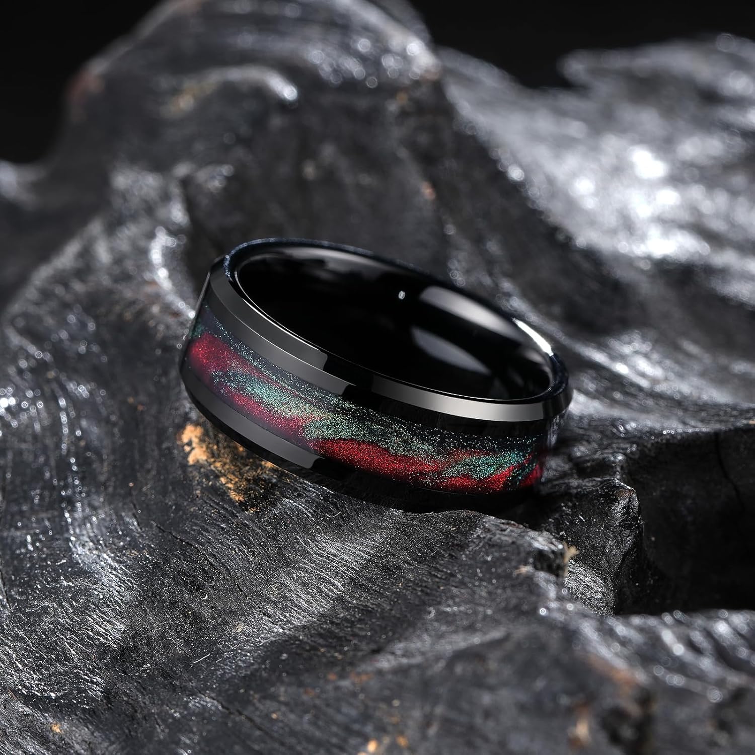 King Will Black Tungsten Wedding Ring for Men Women- 8mm Width Wedding Band Beveled Edge with Multicolor Sand Inlay in Waves/Fire Pattern Comfort Fit Size 7-13