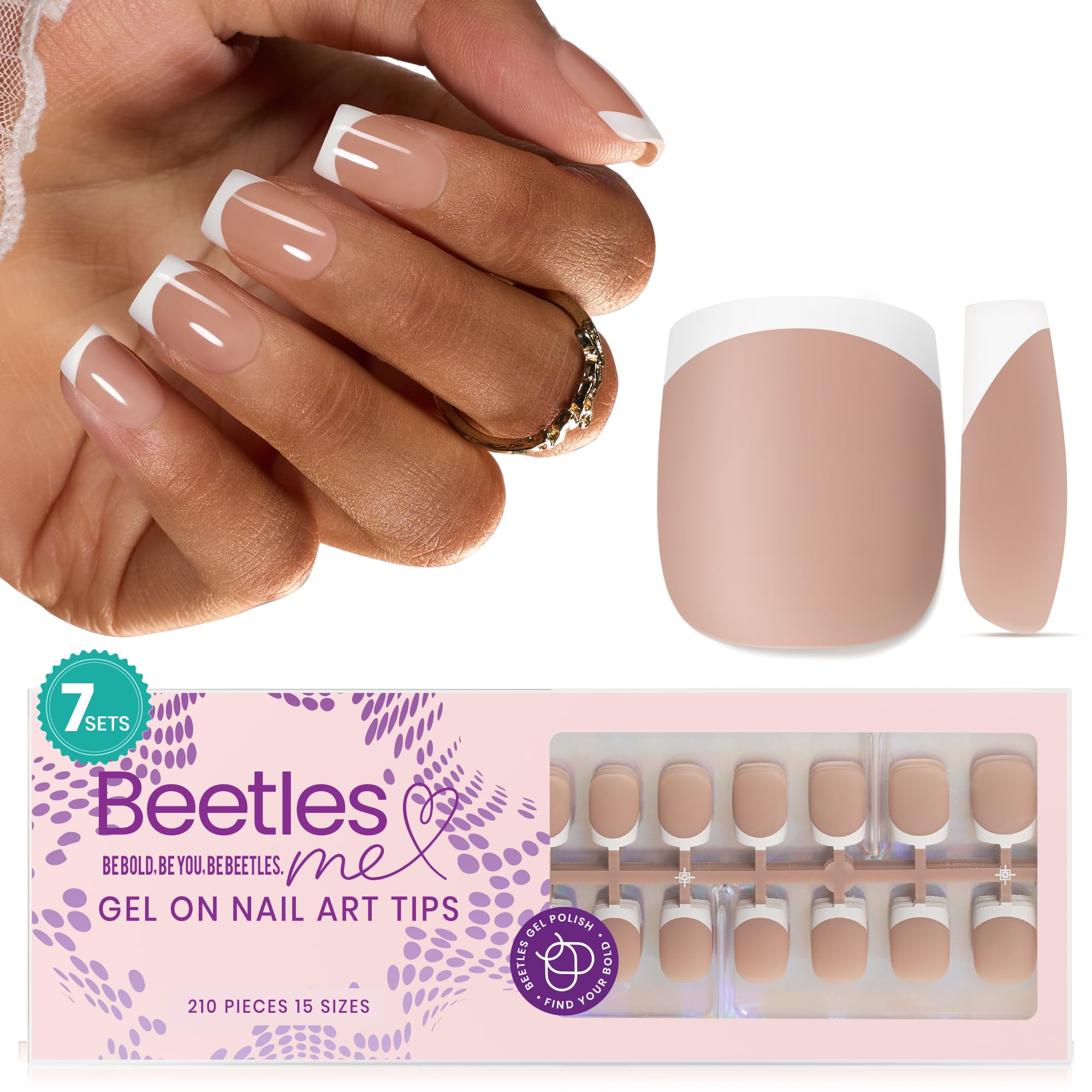 Beetles Press On Nails Square- French Tip Nails 210pcs Short Square Brown Soft Gel Nail Tips Pre-applied Tip Primer No Need File False Nails for Nail Art DIY 15 Sizes