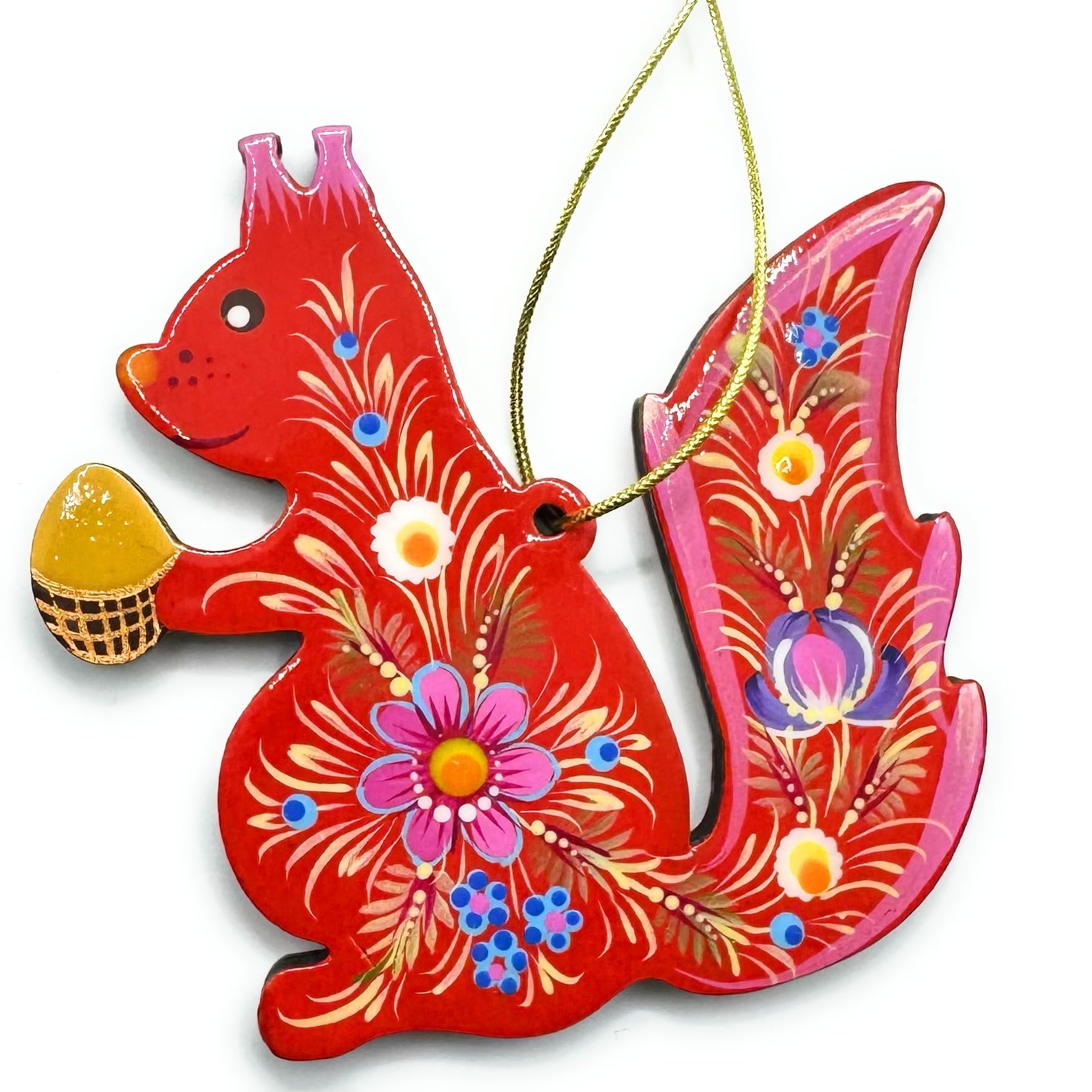 Squirrel - Christmas Ornament - Animals Flat made of Wood Floral Hand-Painted in Ukraine 3.7 х 3.5 х 0.2 inch. Colorful Children's Tree Decoration — image 1