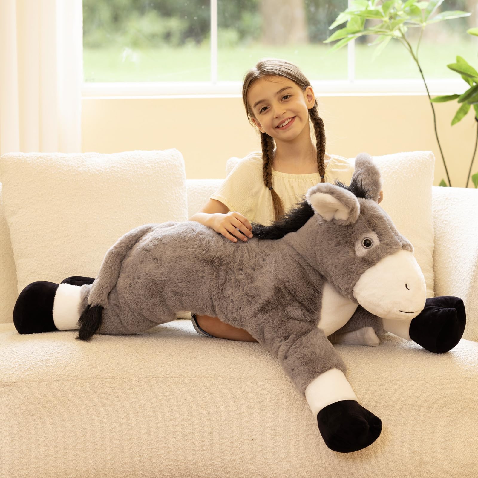 KERTA 43.3inch Giant Donkey Stuffed Animal, Hugging Soft Stuffed Donkey Plush Body Pillow, Realistic Large Farm Animal Plush Toy Gift for Kids 6