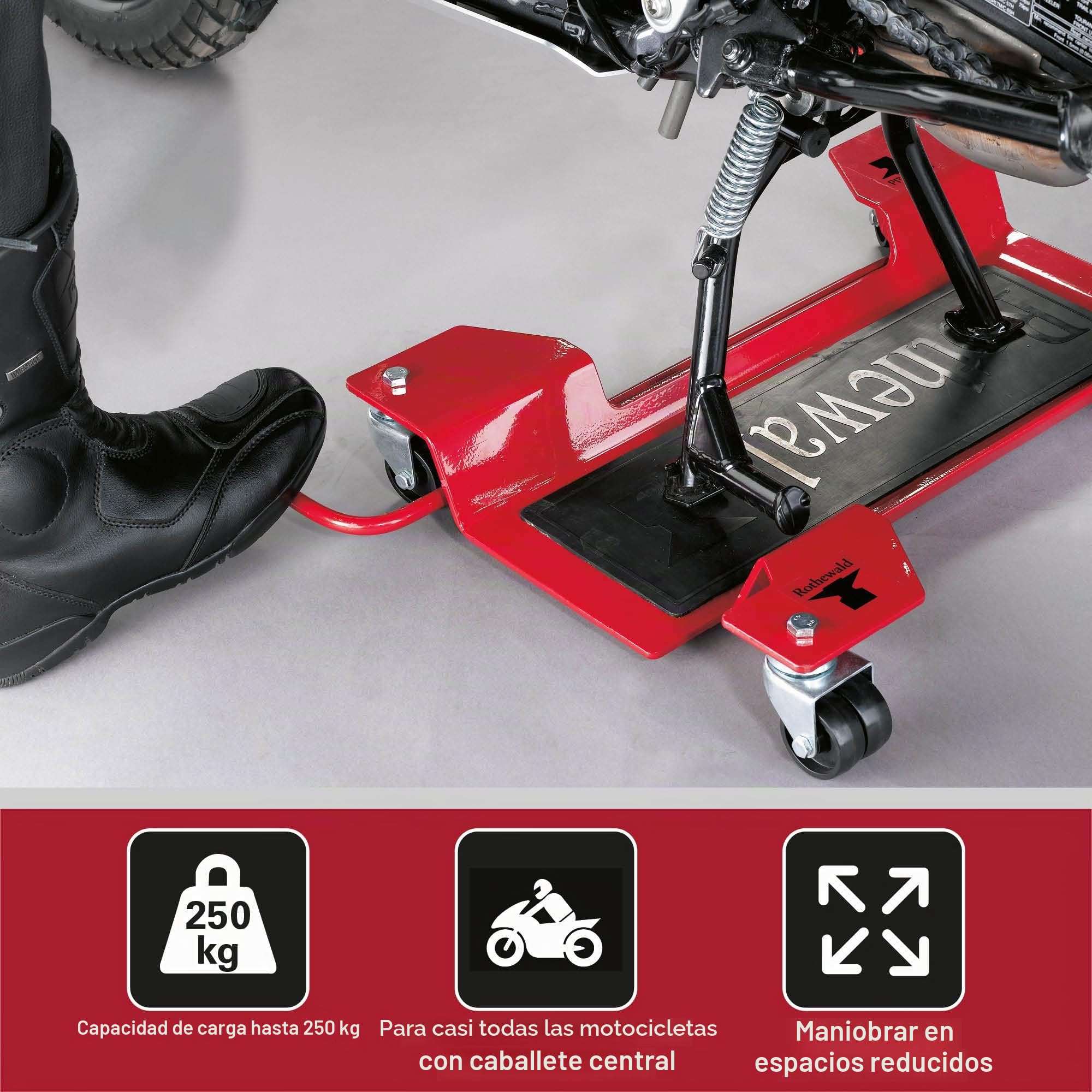 Rothewald Ayuda de maniobra para motocicleta, 250 kg de capacidad de carga, con freno de maniobra y almohadilla de goma, fácil de manejar, ideal para mantener y estacionar, para motocicletas con