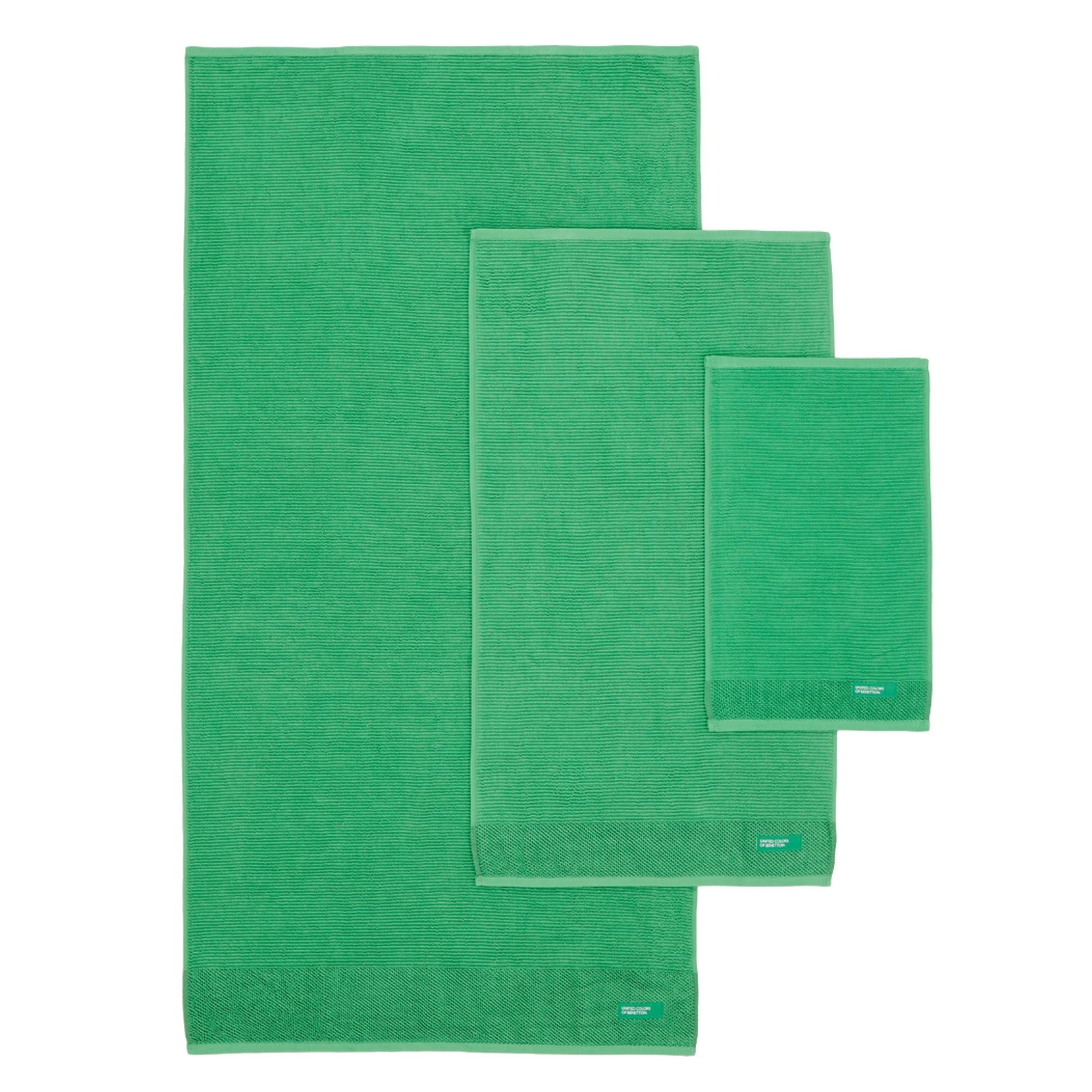 Set de 4 Juegos de 3 Toallas (4X 30x50cm + 4X 50x90cm + 4X 70x140cm) 450GSM de 100% Algodón - Beige, Amarillo, Azul y Verde Benetton