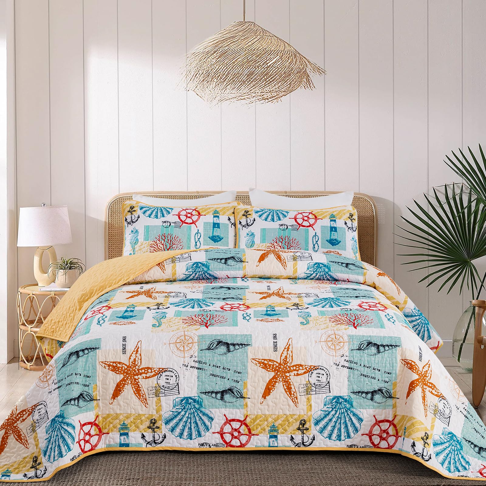 DJY Coastal Quilt Queen Size, 3 Pcs Yellow Beach Theme Bedspread Coverlet