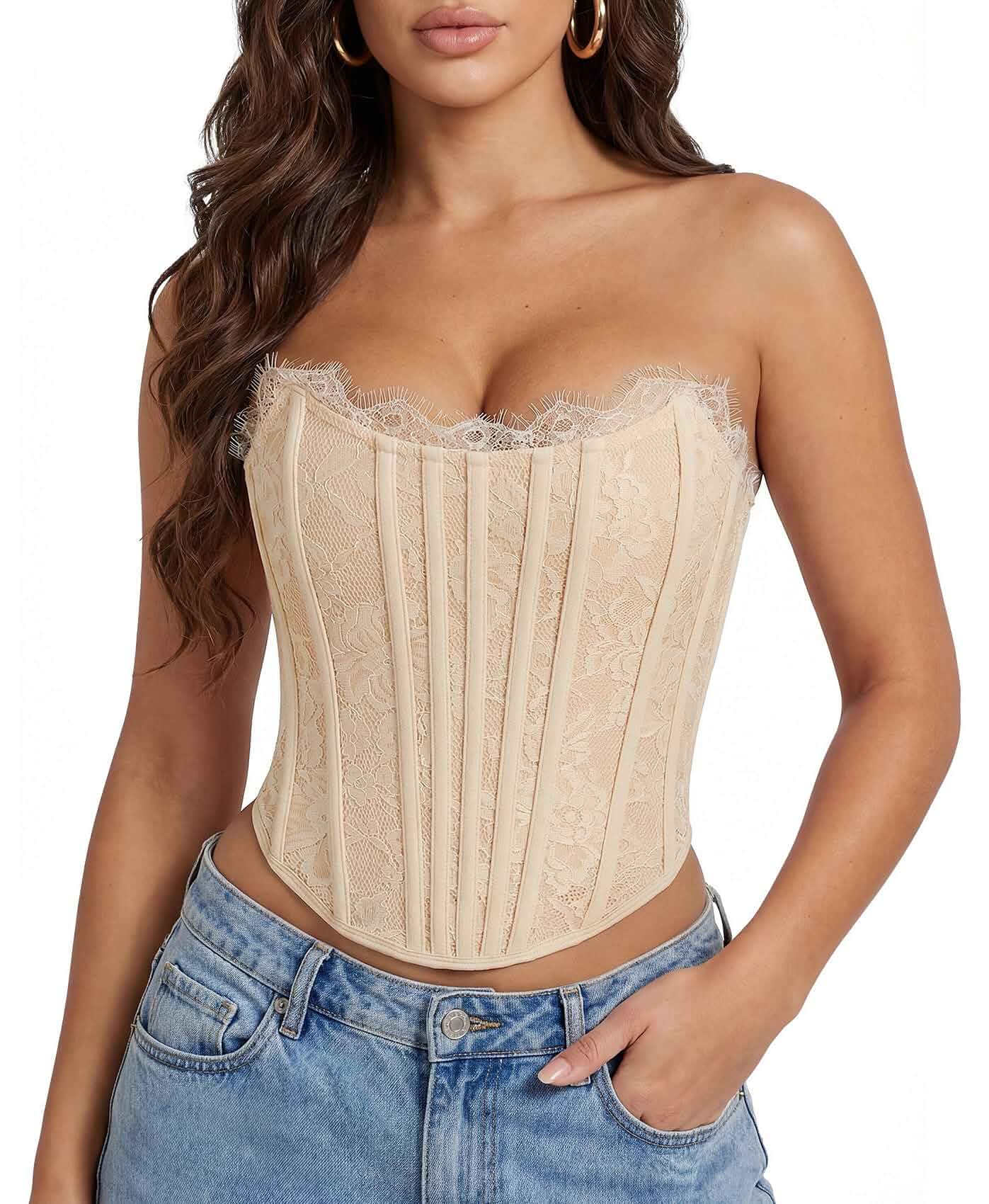 WHIPPY Corset Tops for Women Sexy Bustier Lacework Boned Overbust Bustier Shapewear Top For Daily Out Nightclubs Parties