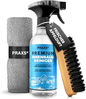 PRAXS® Innenraumreiniger Auto 500ml (+ Bürste und Tuch) – pH neutraler Auto Innenraum Reiniger für Cockpit, Kunststoff, Leder & Polster – Cockpitpflege, Polsterreiniger & Autositz Reiniger
