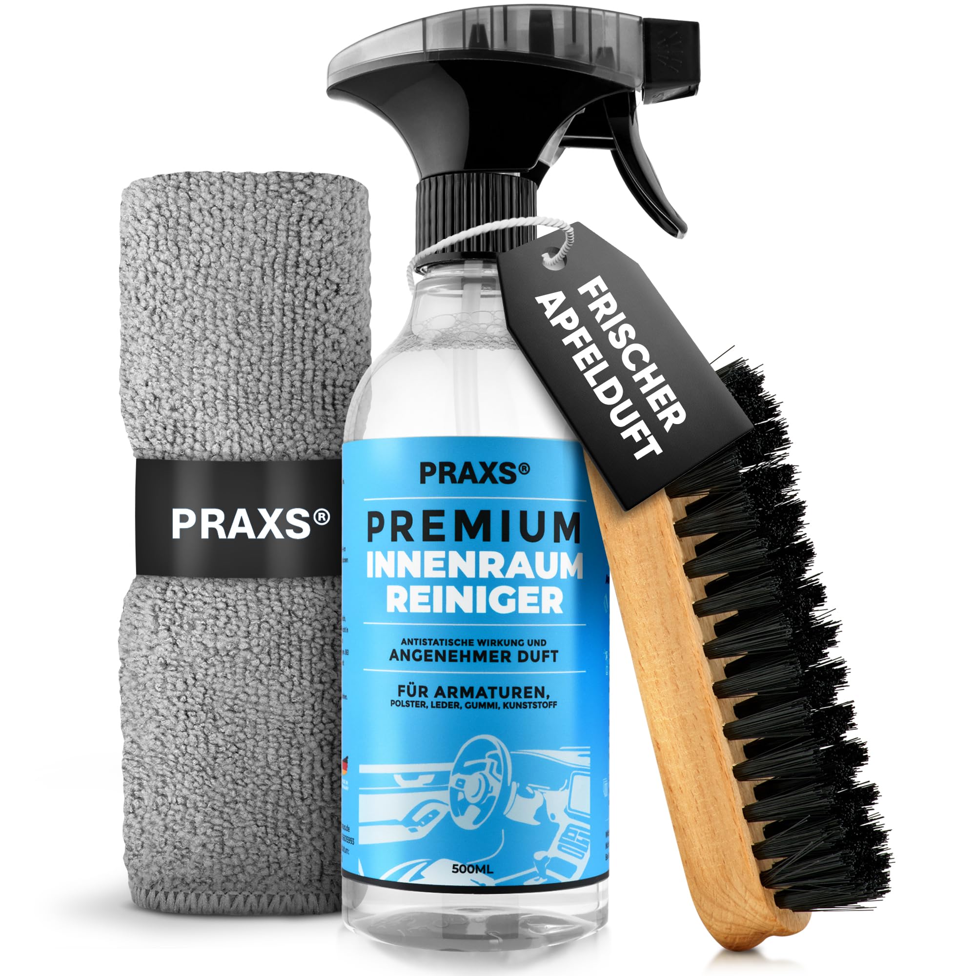 PRAXS® Innenraumreiniger Auto 500ml | pH neutraler & antistatischer Auto Innenraum Reiniger für alle Oberflächen | Porentiefe Cockpitspray & Polsterreiniger für eine schonende Autositz Reinigung