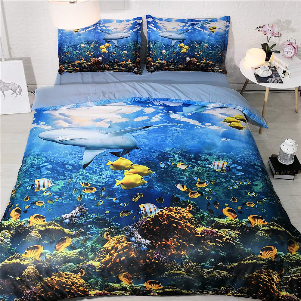 Meet 100% Algodón 400 Hilos Juego De Funda Nórdica Anti-ácaros Tiburón, Azul, Pez Coral Suave 3 Piezas(1 Funda Nórdica + 2 Fundas De Almohada 50x75cm) ((220x 240cm+2/75x50cm) - Cama de 150/160)