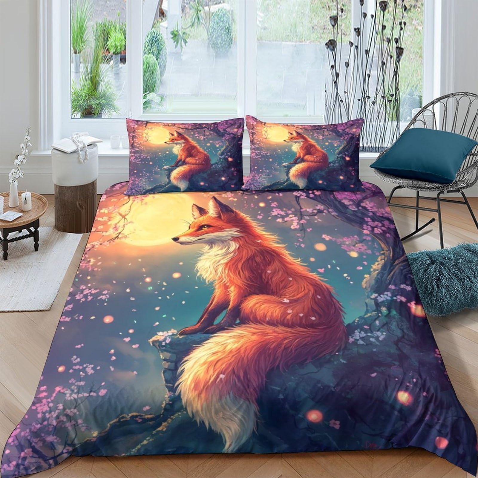 Ctjqhvkz Style-9 3D Printed Fox Sunset Fitted Sheet Microfiber Soft Anti-Slip Forest Night Bed Cover For Bedroom Dorm Decor Single（135X200cm）