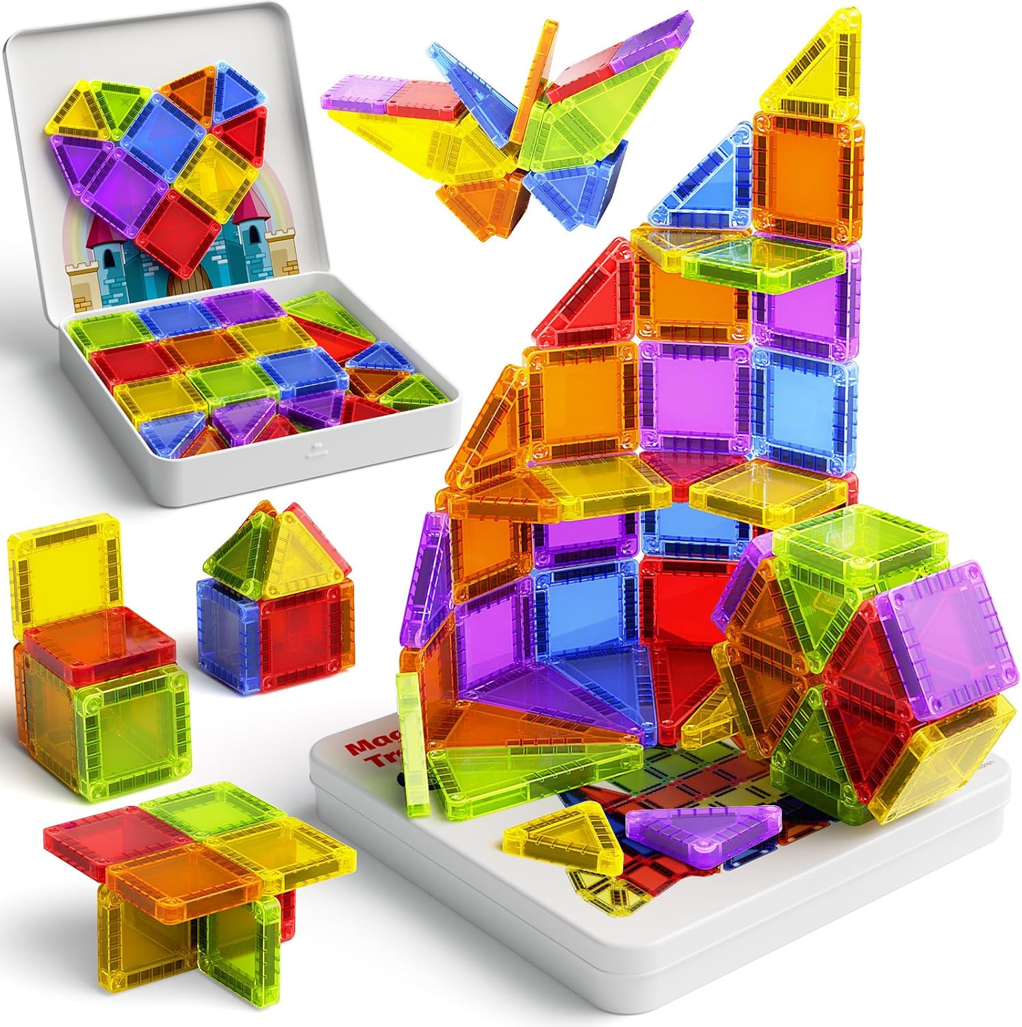 Magnetic Tiles Mini Travel Toddler Set 60pcs Magnetic Blocks Building Kids Toys, Montessori Preschool Classroom Must-Haves Educational Learning Sensory Toys for 3+ Year Old Boys