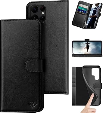 DuckSky Compatible with Samsung Galaxy S25 Ultra Genuine Leather Wallet caseRFID Blocking4 Credit Card HolderReal Leather Flip Folio Book Phone case Cover Women Men for S25 Ultra case Black