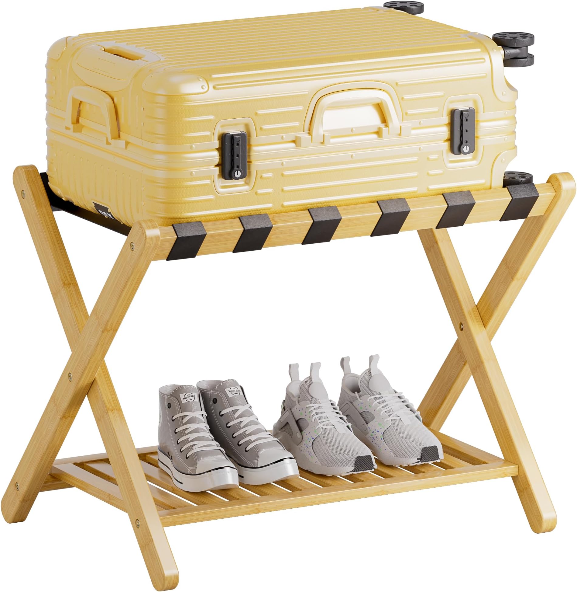 SMIBUY Luggage Rack, Foldable Bamboo Suitcase Stand with Storage Shelf for Guest Room, Bedroom, Hotel, Heavy-Duty (Nautral)
