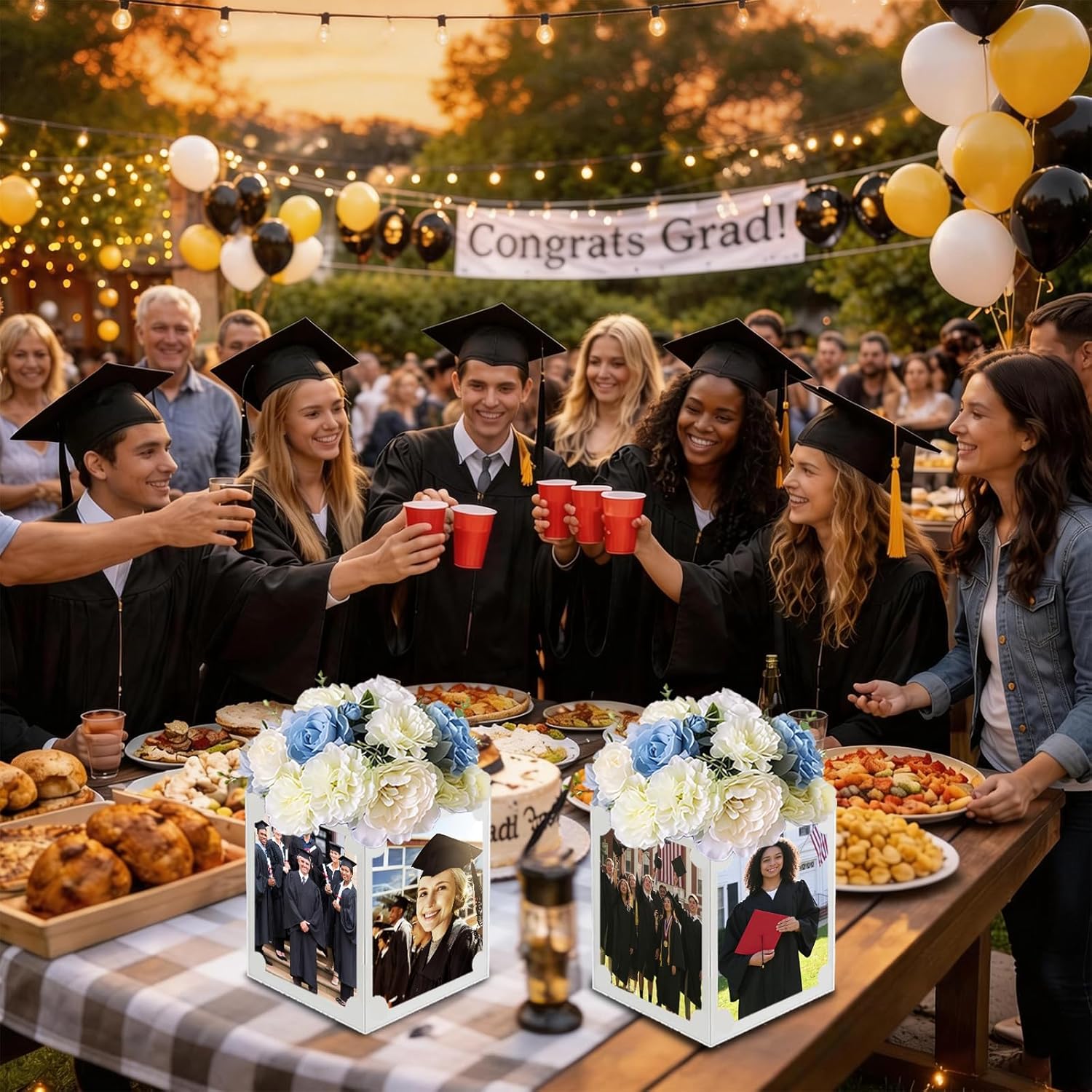 18 Pcs Graduation Picture Centerpiece for Table 4x6 Photo & Flower Display, Picture Frame Centerpieces Paper Box for Congrats Grad Birthday Baby Shower Wedding Decor (White, 5.5"x5.5"x7.1")
