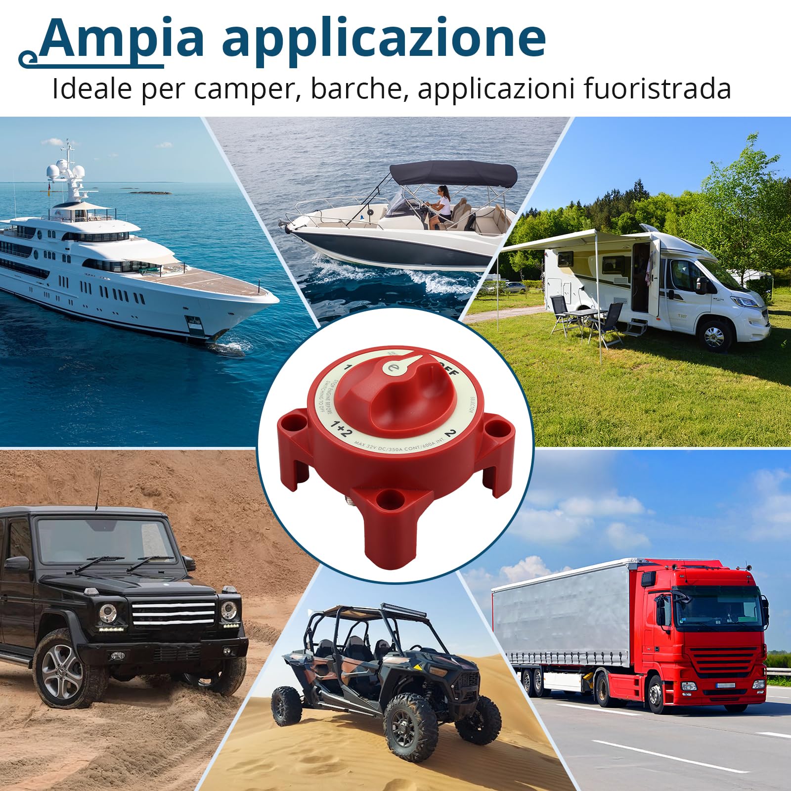 Interruttore Stacca Batteria 12V 24V 32V 350A per Auto, Camper, Barca, Selettore Staccabatteria On/Off 4 Posizioni, Nucleo in Rame Argentato, Impermeabile IP65, Adatto al Bullone M10