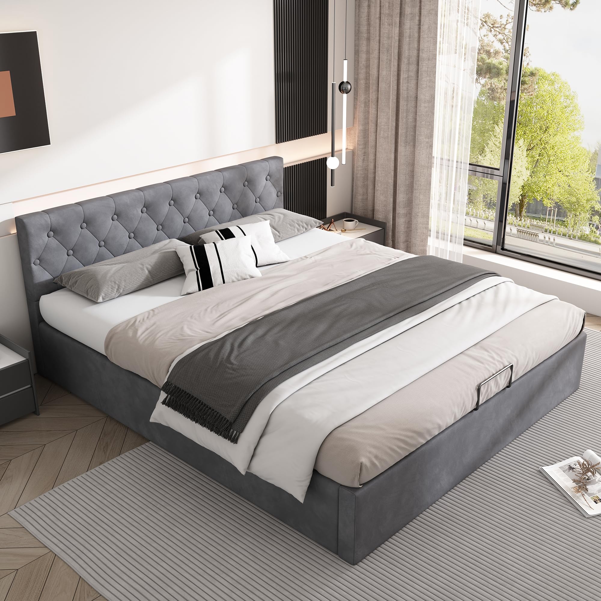 Letto Imbottito 140 X 200 Cm Con Testiera Allungata E Ripiani Laterali Presa Usb E Led Tessuto Lino Grigio
