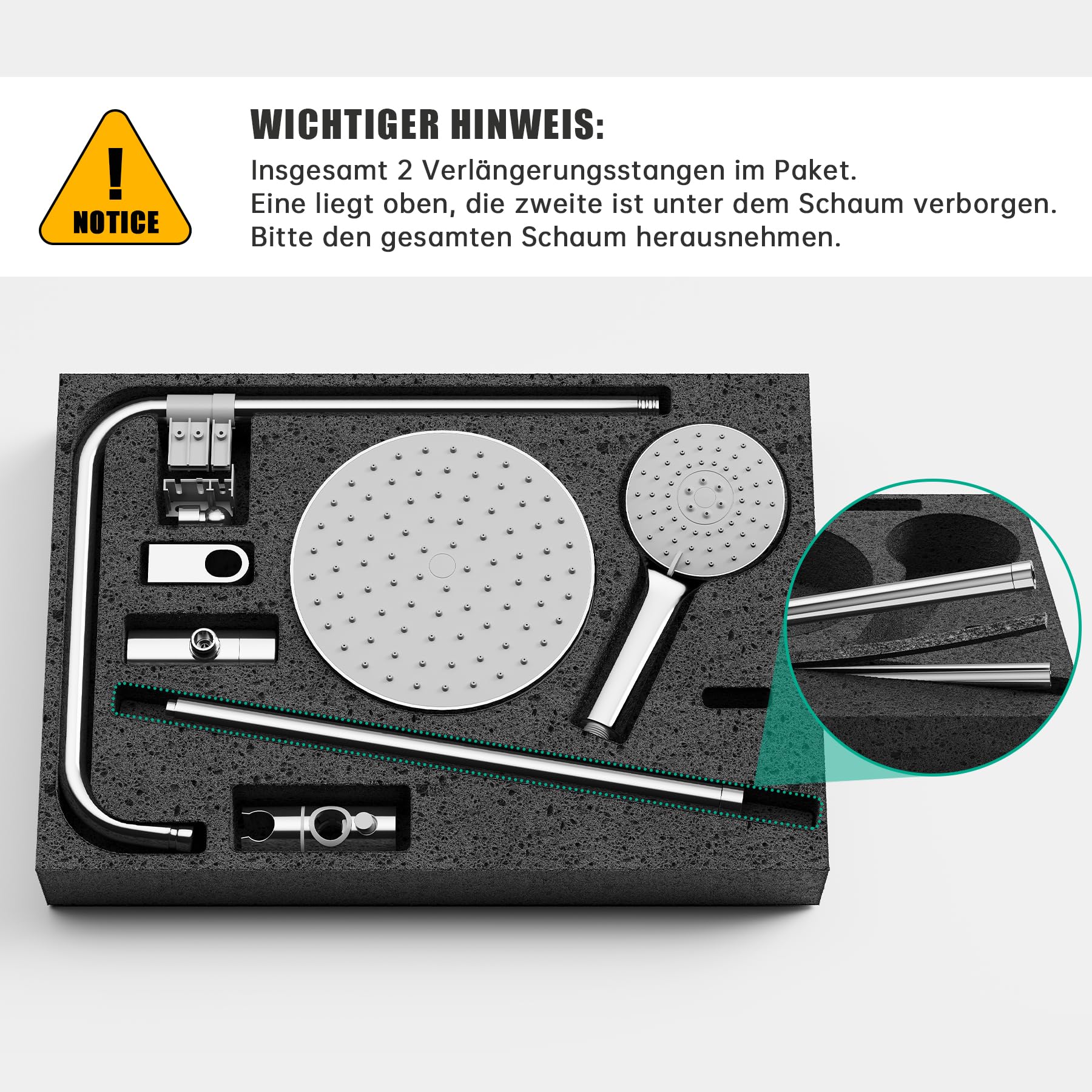 Regendusche ohne Armatur – Duschsystem aus Edelstahl mit Runder Regendusche Duschkopf, Höhenverstellbare Duschstange, Chrom-Oberfläche, für Badezimmer