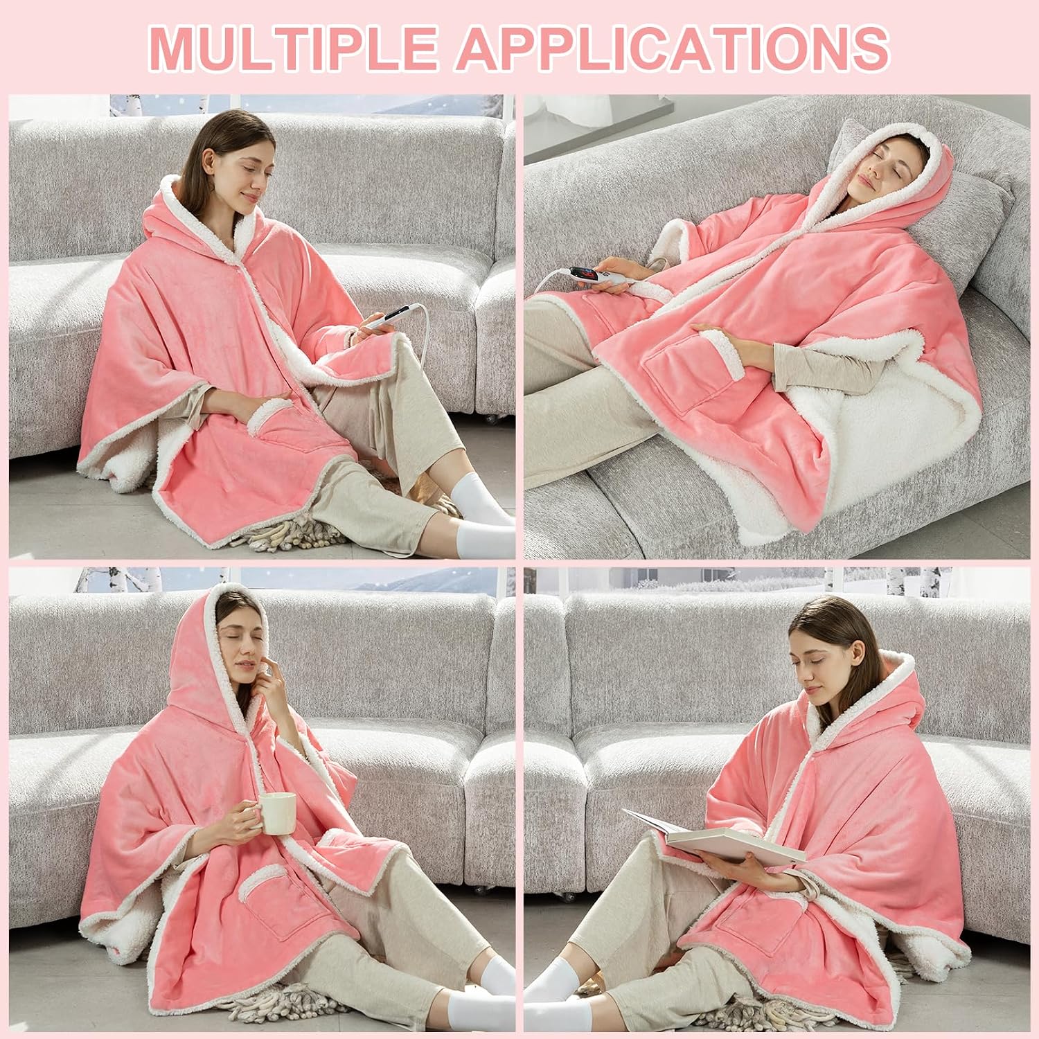 Wearable Heated Blanket, Hooded Electric Blanket for Women, Pink | Flannel & Sherpa Heated Shawl Wrap Hoodie Heating Blanket with Quick Heat, 6 Heat Settings, 4 Hour Timer, Washable, 50"x 70"