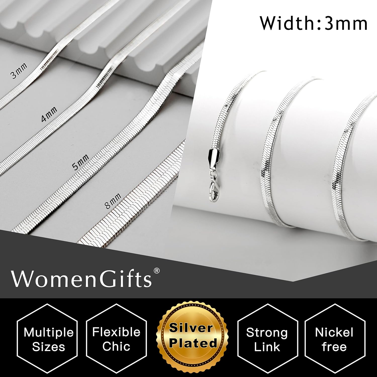 WomenGifts 14K Gold Silver Plated Herringbone Necklace for Women, Dainty Snake Chain Choker, Trendy Simple Long Layered Jewelry Non Tarnish, 3/4/5/8mm,14,16,18,20,22,24,26 Inch Thin & Chunky Options - Image 8