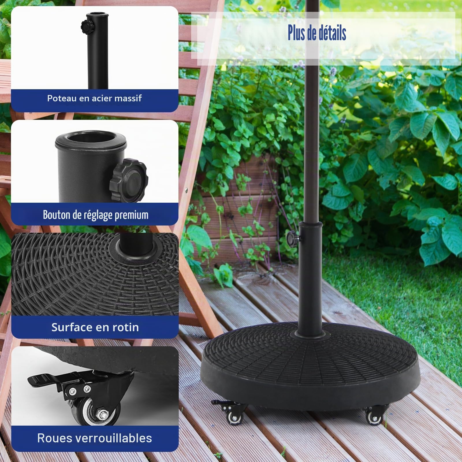 KOMFOTTEU Pied de parasol avec roulettes - Diamètre : 52 cm - Pour tige de parasol de 38 mm / 48 mm - Roulable - 23 kg - Noir