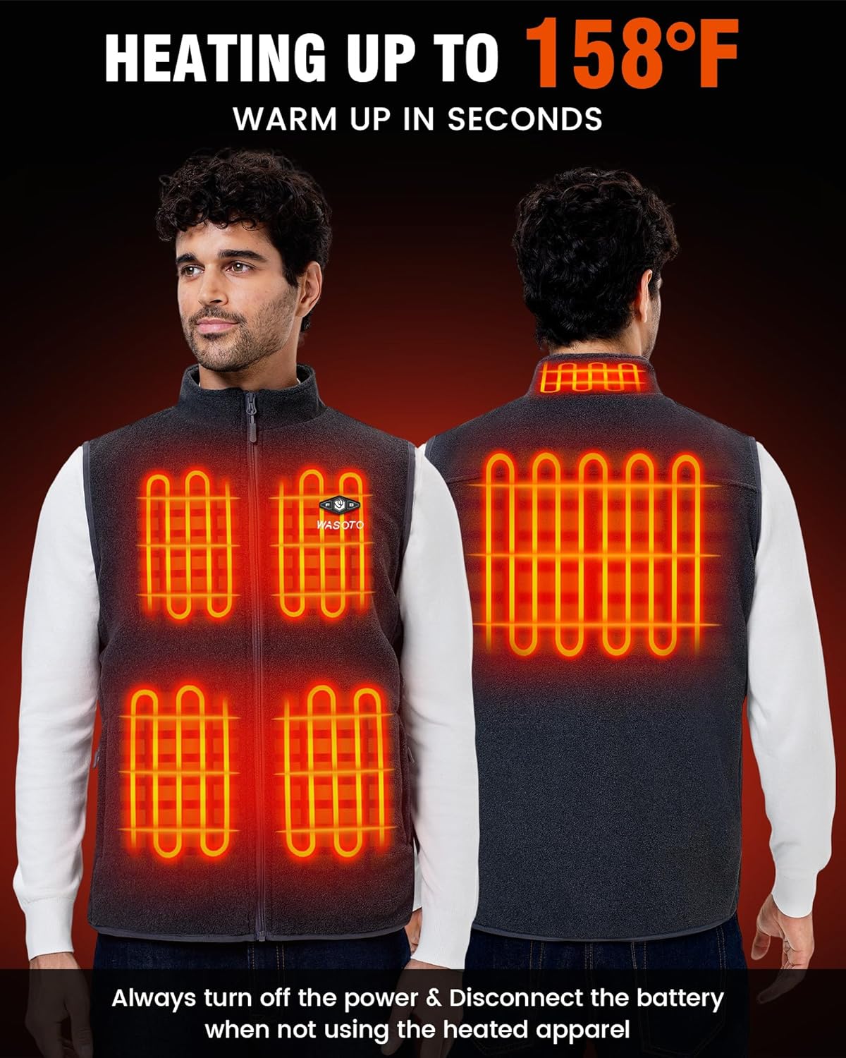 WASOTO Heated Vest for Men Fleece Vest 16000mAh Battery Pack Charger Included Rechargeable Lightweight for Hunting Cycling - Image 3