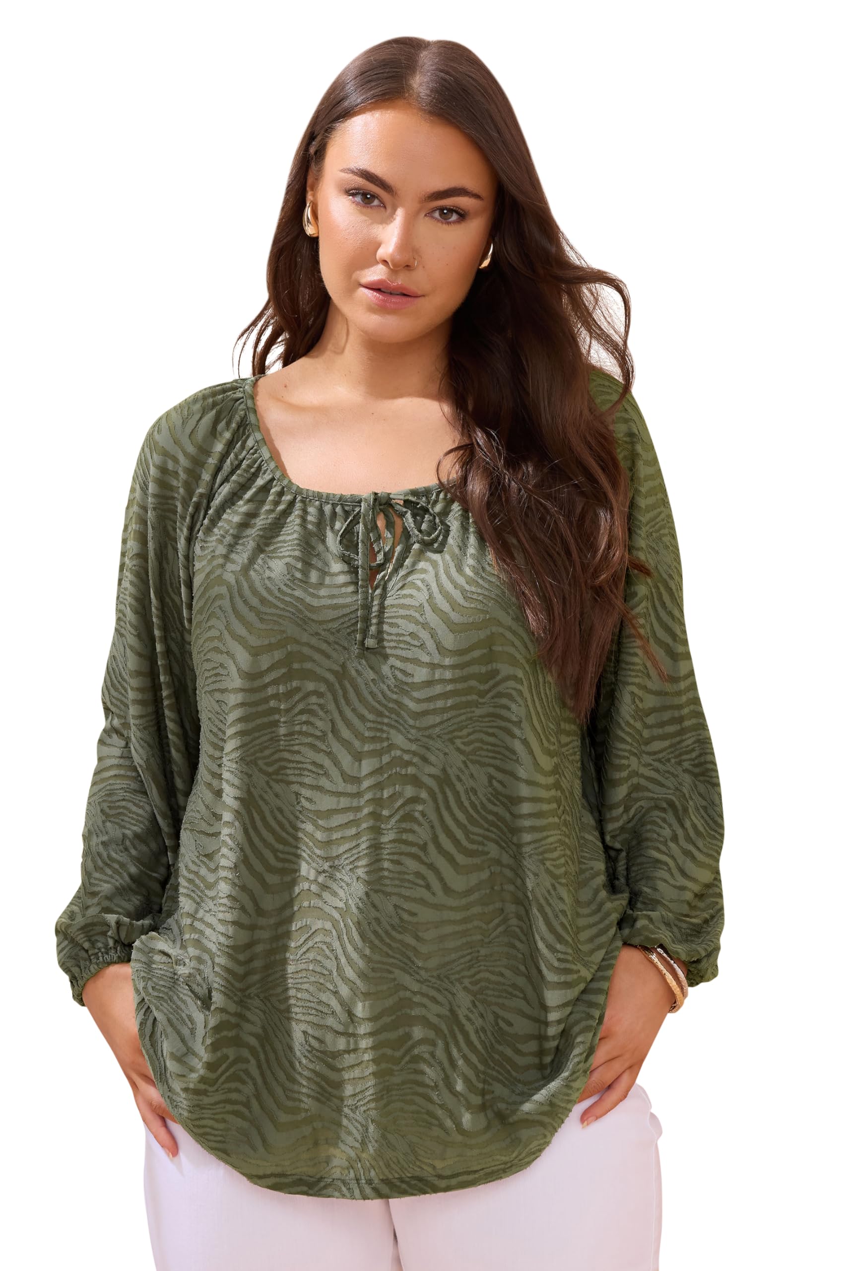 Evans Women's Khaki Curve Green Zebra Burnout Blouse - Plus Size Curve