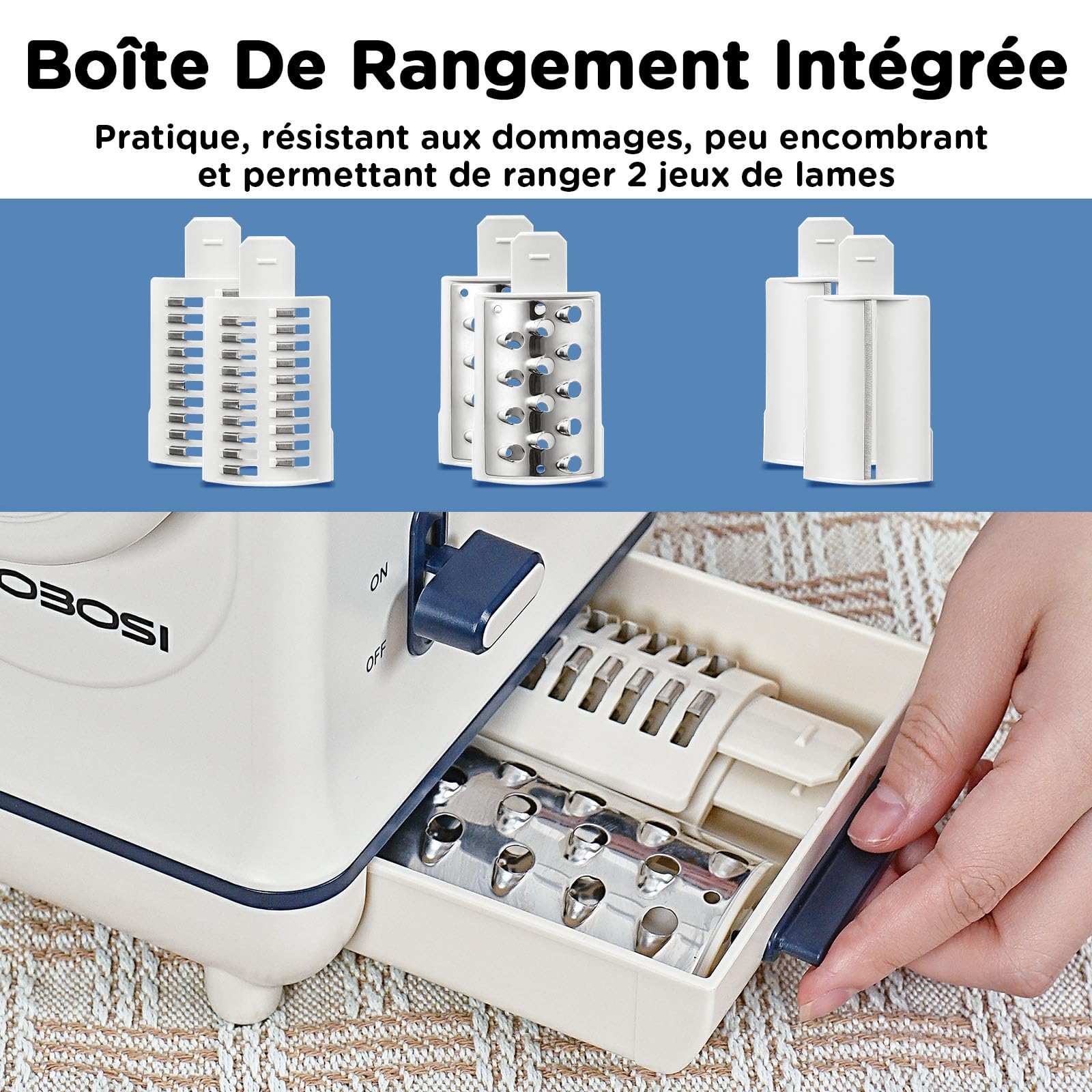 Râpe a Légumes Électrique,AOBOSI Râpe Electrique pour râper et émincer avec une grande fente pour râper les carottes entières, les pommes de terre, 3 lames et un moteur silencieux-Mise à jour