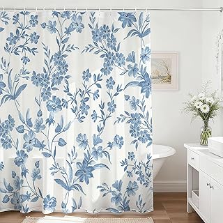 Mocsicka Blue Boho Floral Shower Curtain with 12 Hooks, Spring Blue Leaves Flowers Shower Curtain Spring Floral Bathroom Decor, Waterproof Fabric 72 X 72 Inch