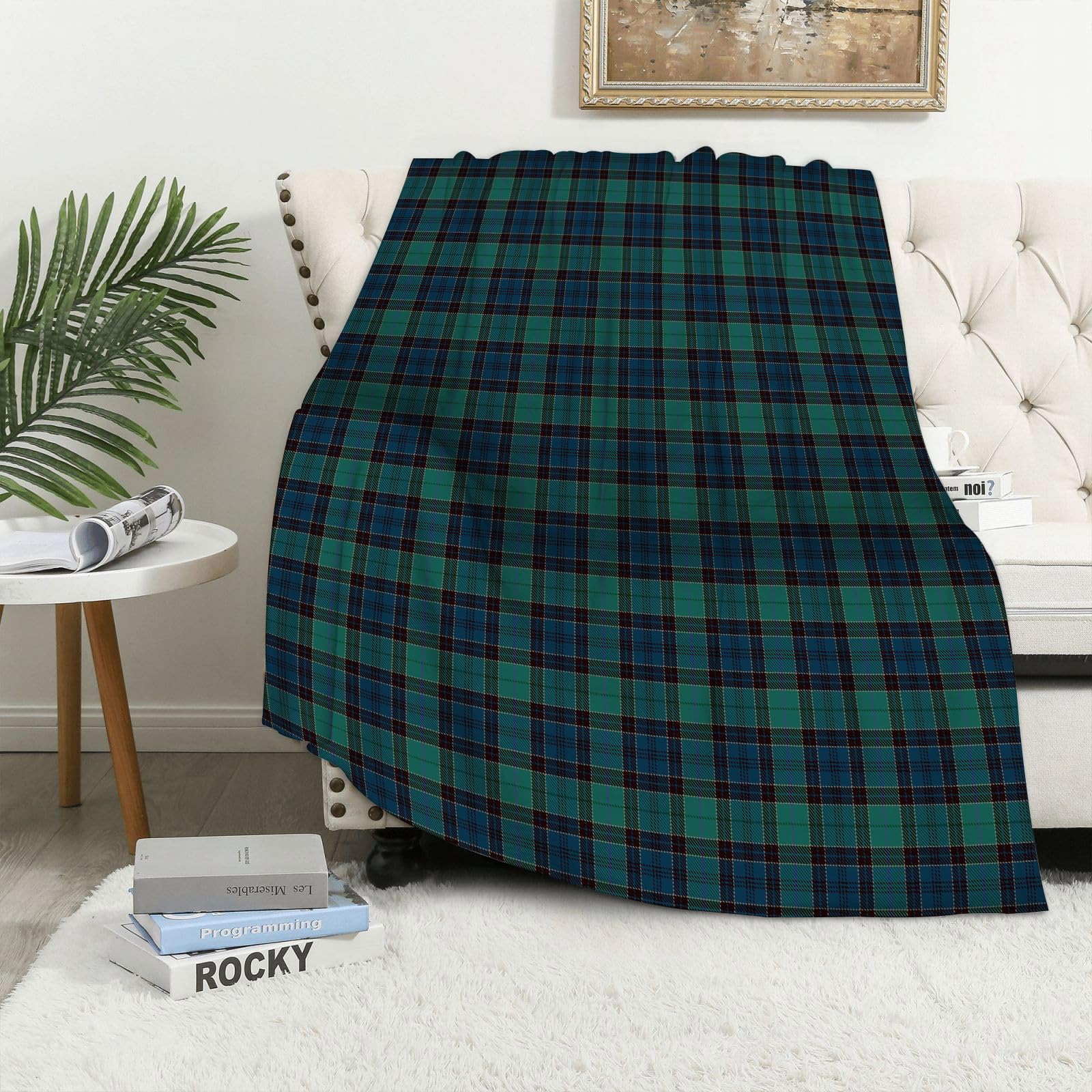 MAAPCHP Flannel Fleece Blanket Throws for Sofa Fluffy Blanket Bed Throw for Bedroom Green Blue and Black Tartan Plaid Scottish Seamless Pattern. Texture from tartan Blanket for Bed, Couch,Car 40x50in